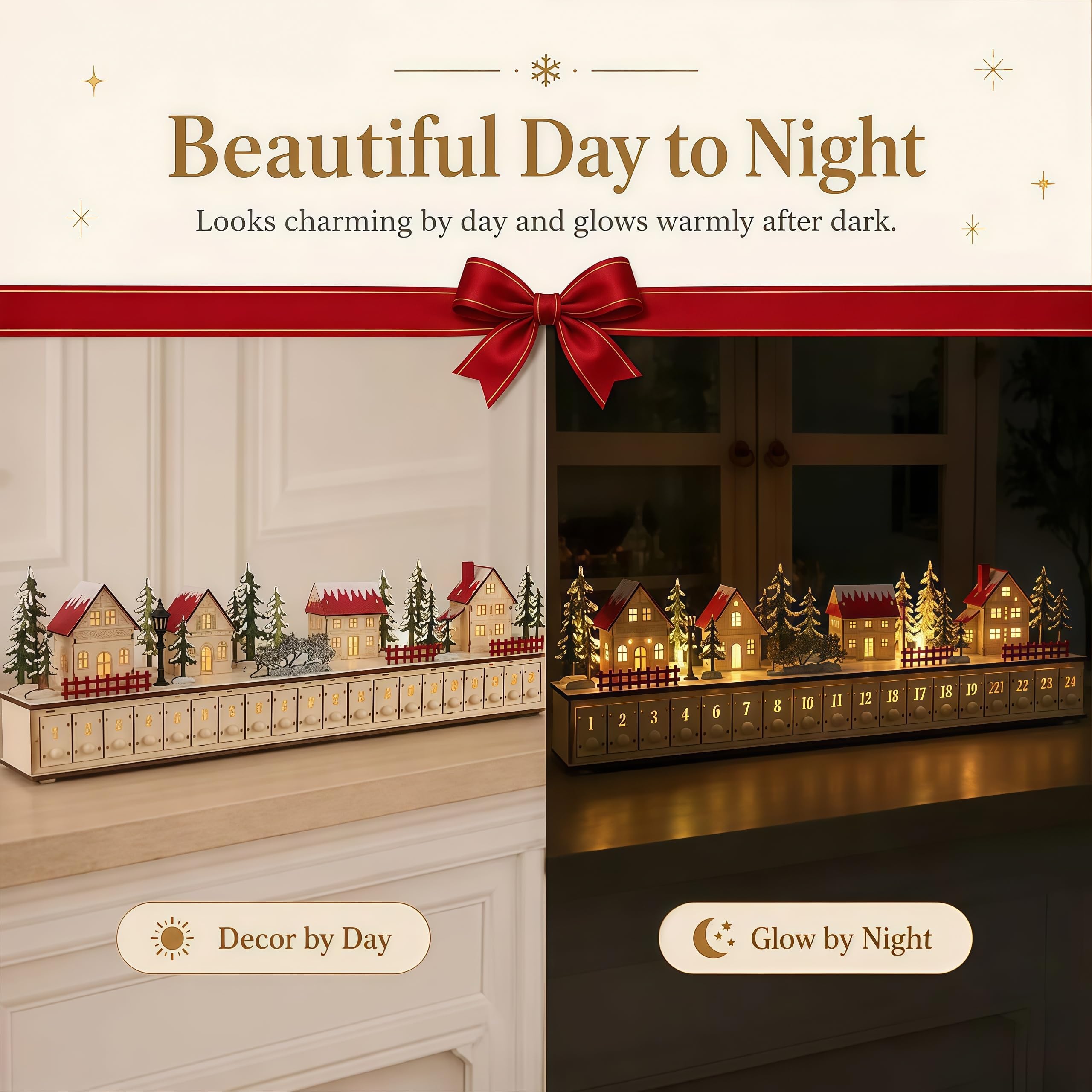 Adventskalender zum Befüllen Holz, Weihnachtdeko Häuser Adventskalender 2026 mit Licht, 24 Tage Weihnachtskalender Selbst Befüllen für Tisch, Kamin, Schlafzimmer、A
