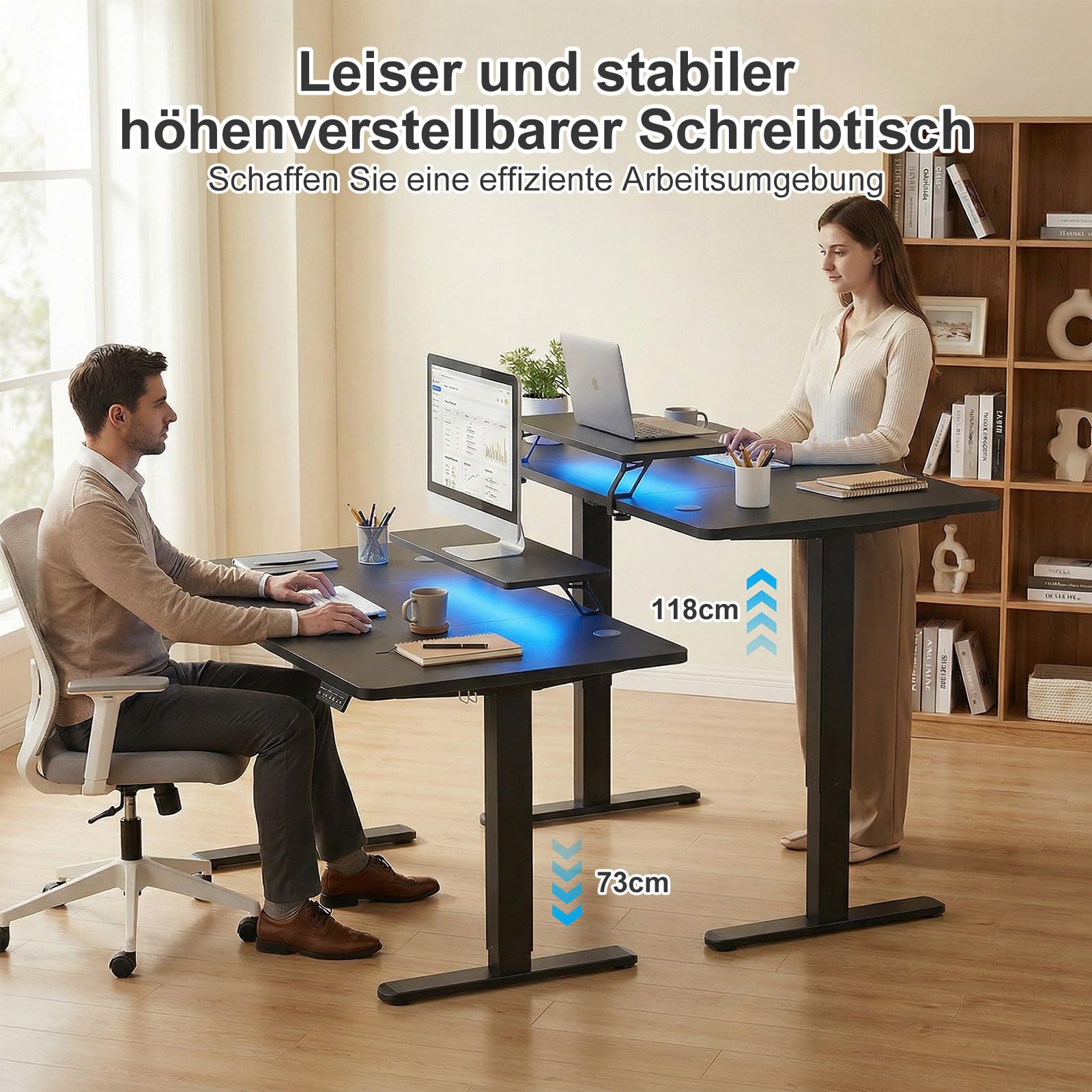 TRIUMPHKEY Höhenverstellbarer Schreibtisch mit Monitorständer & Lichtleiste