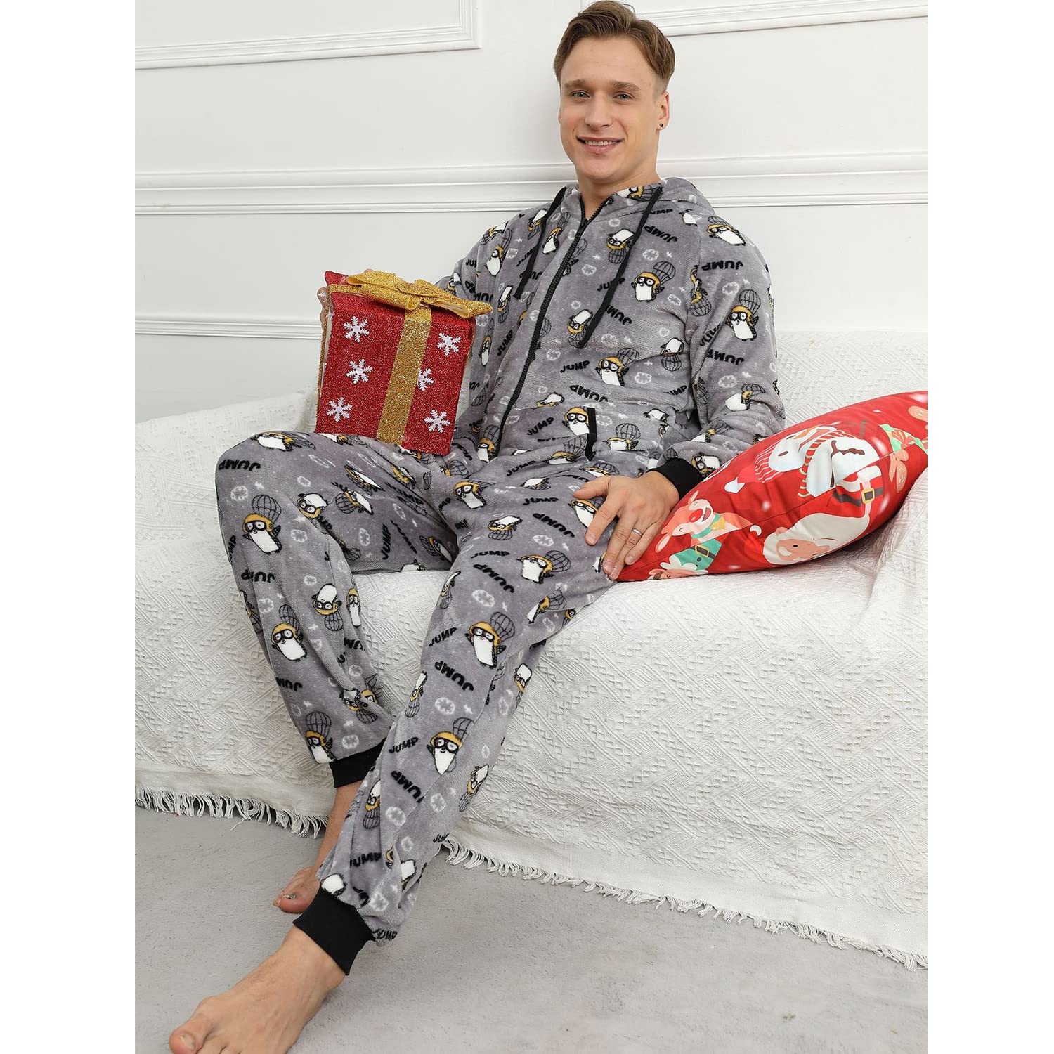 Pijama Navidad Una Pieza Hombre Franela Pijamas Mono Entero con Capucha Manga Larga Invierno Calentito Jumpsuit Adulto Onesie Ropa de Casa Dormir Paracaídas Pingüino Gris L