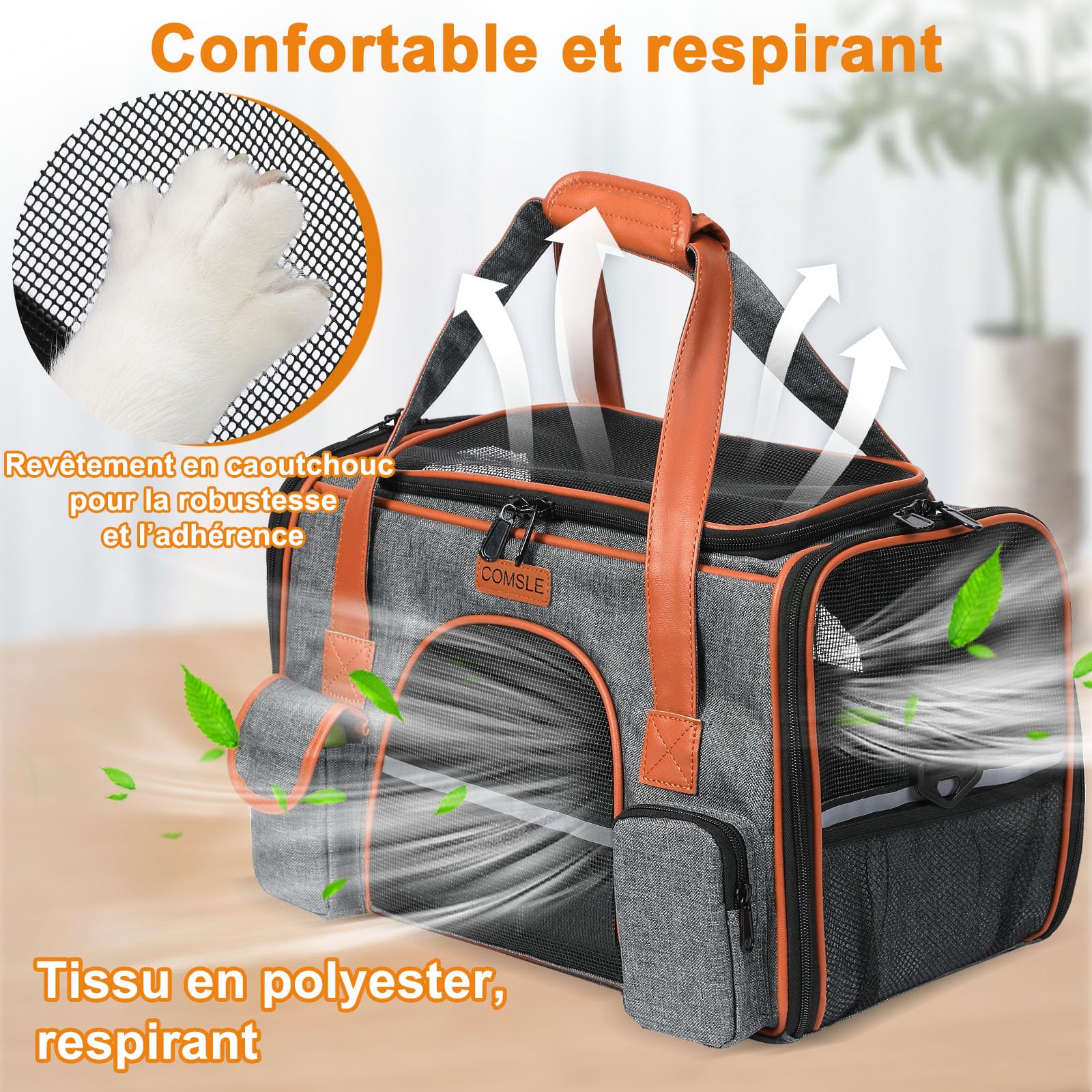 COMSLE Sac Transport Chat, Sac Transport Chat Chien avec 5 Filet Respirant, Caisse de Transport Chat Pliable avec Matelas Souple Amovible, Cage Transport Chat pour Voyage (Gris Foncé, M)