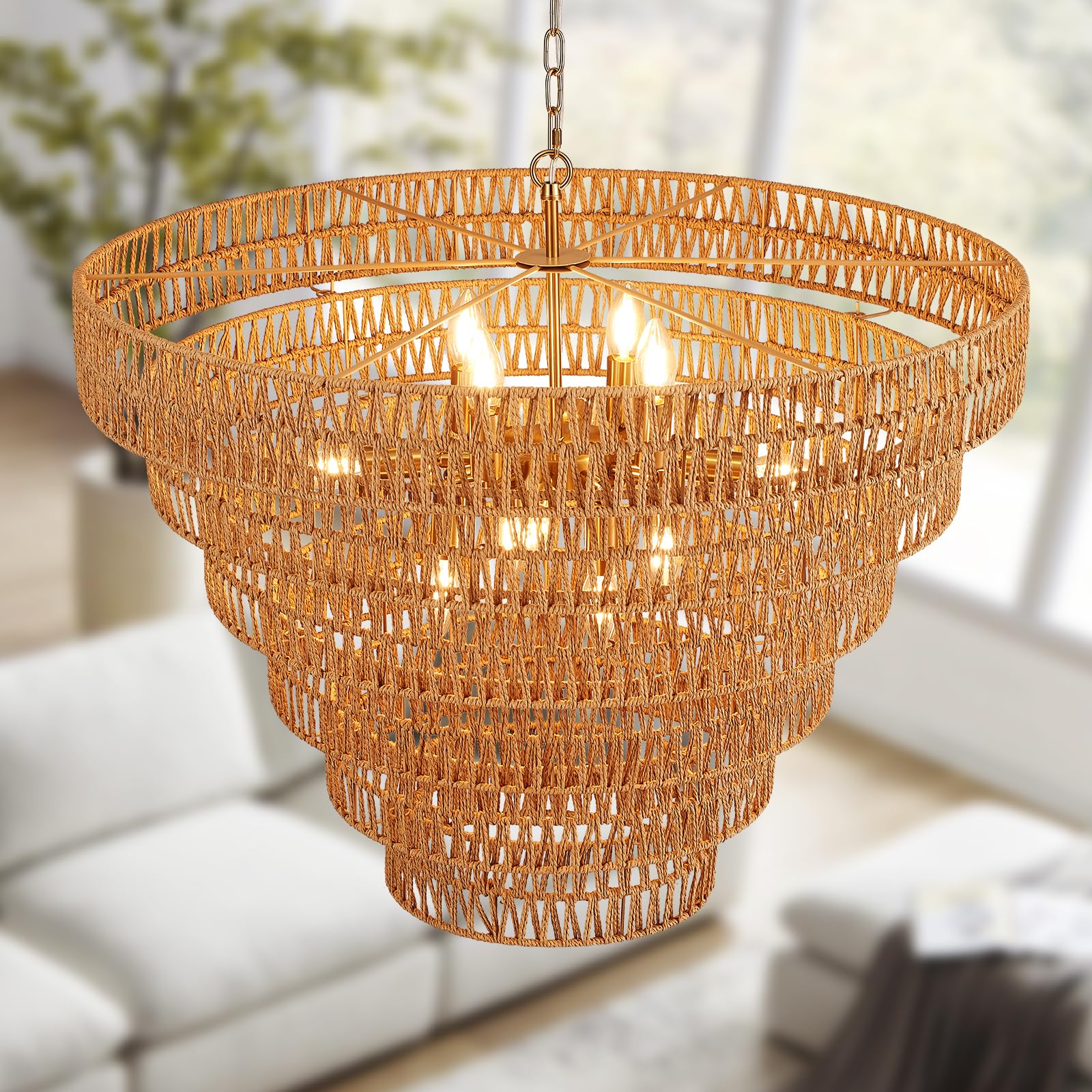 Widluth 31.5“ Hand-Woven Rattan Chandelier Vintage Farmhouse 12-Lights Boho Bamboo Large Chandeliers Light Fixture 6-Tier Drum Wicker Golden
