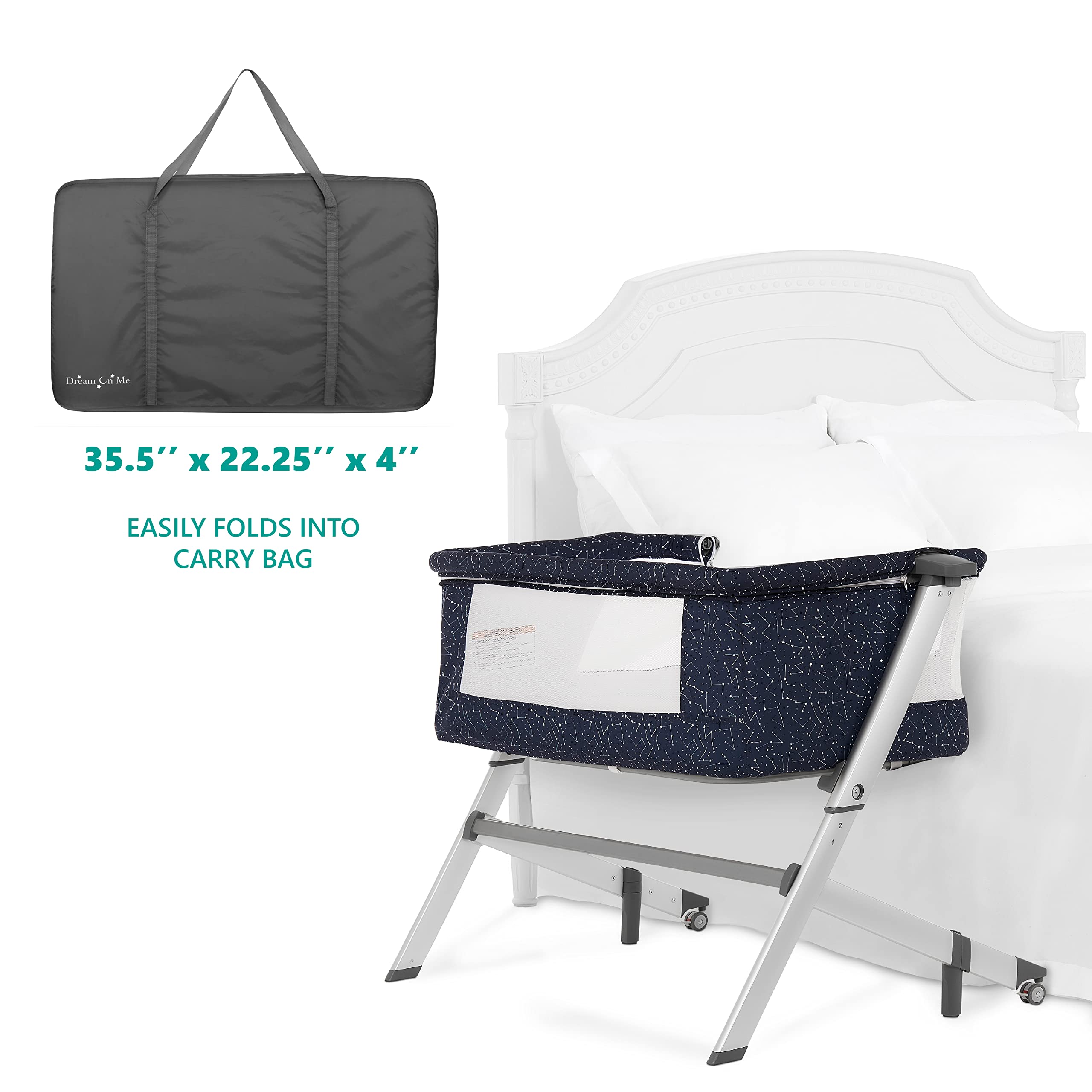 Dream On Me Skylar and Beside Sleeper in Galaxy Blue, Lightweight and Portable Baby
