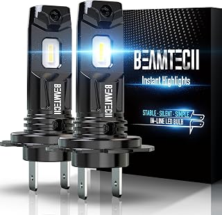 BEAMTECH H7 Headlight Bulb, 1:1 Size No Adapter Required Fanless In Line 6500K Xenon White Halogen Replacement Pack of 2