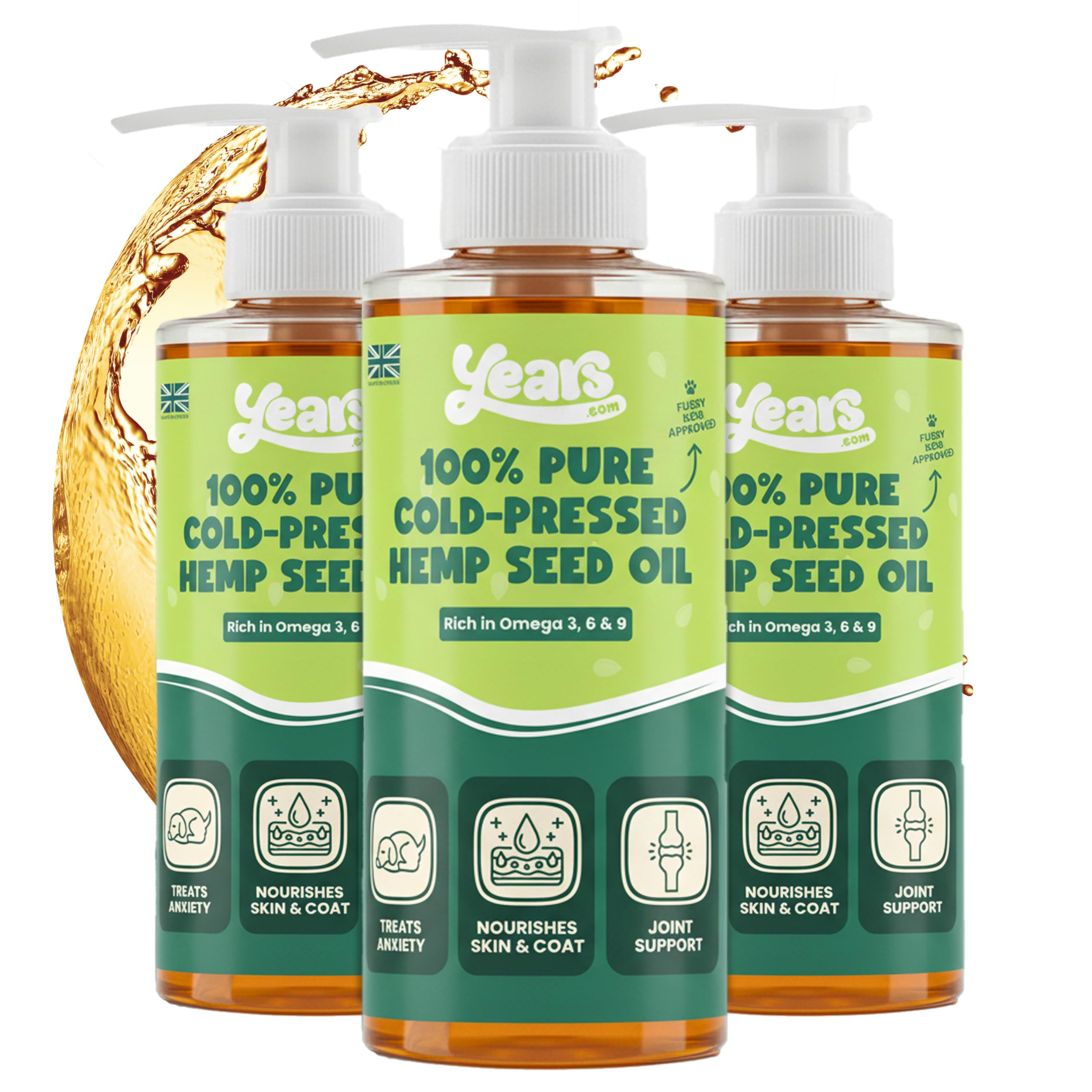 YEARS Hemp Oil for Dogs | Calms Anxious Dogs & Soothes Stiff Painful Joints | 100% Pure Cold Pressed Hemp Seed Oil UK | Omega 3 6 9 | Natural Dog Supplement | 3 x250ml โ image 1