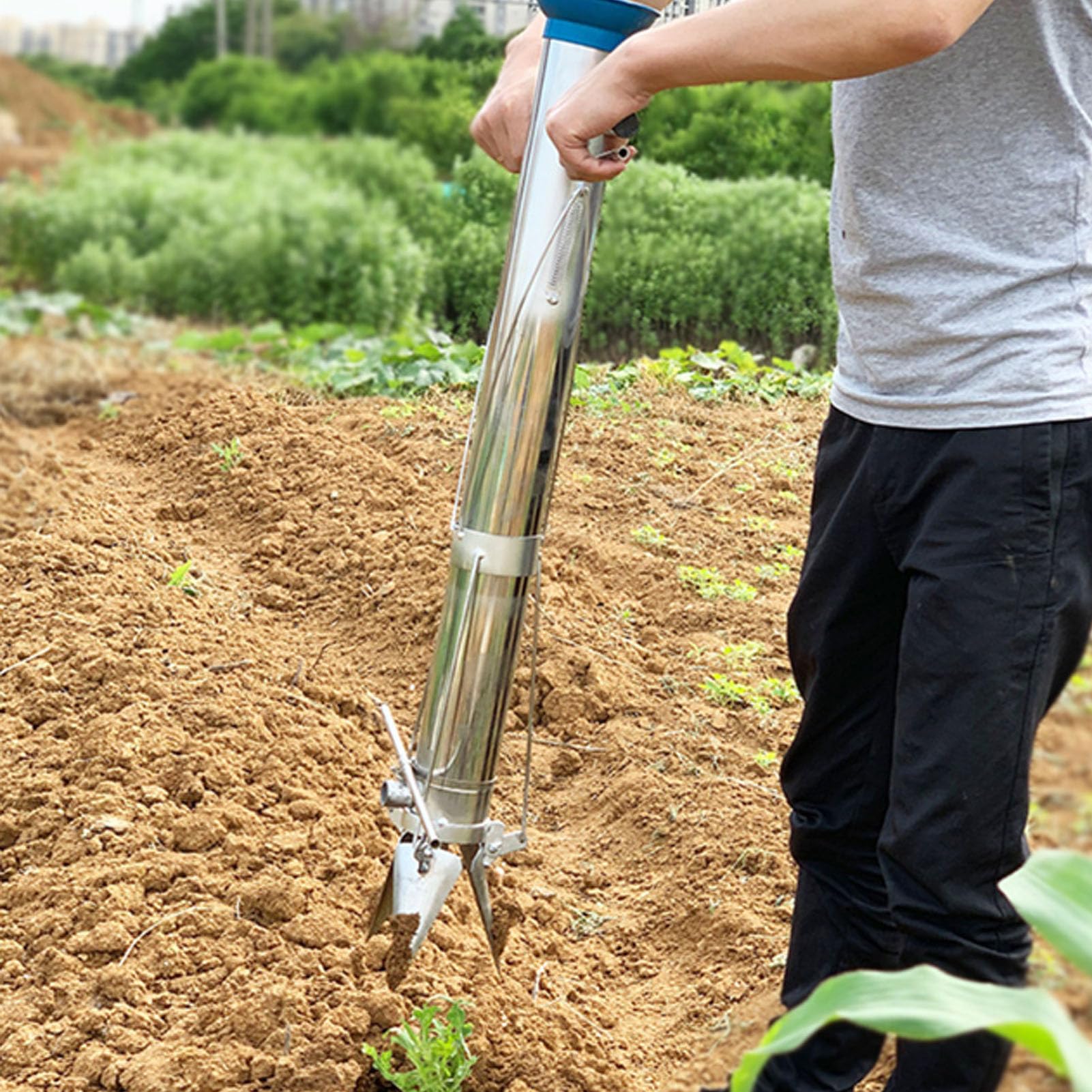 Pflanzmaschine Edelstahl Handbetrieben Pflanzgerät Pflanzer, Zwiebelpflanzer, Sämling Pflanzer Gemüse Jungpflanzen, Manueller Pflanzenpflanzer für Gartenarbeit Gewächshaus (Doppelter Griff)