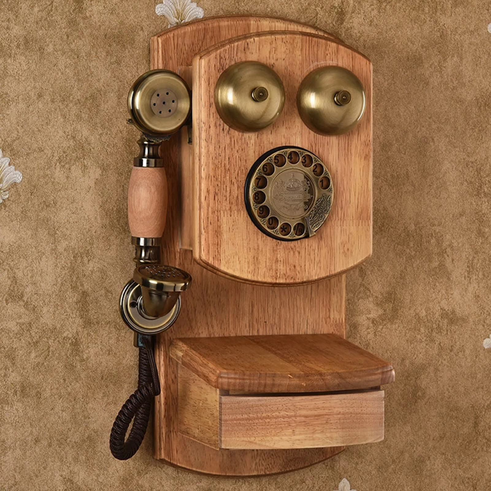 Téléphones Fixes Classiques rétro à l'ancienne - Téléphone à Cadran Rotatif Mural avec Cloche en métal Classique et Fonction Mains Libres et Recomposition pour décor de Bureau à Domicile Bois appliq