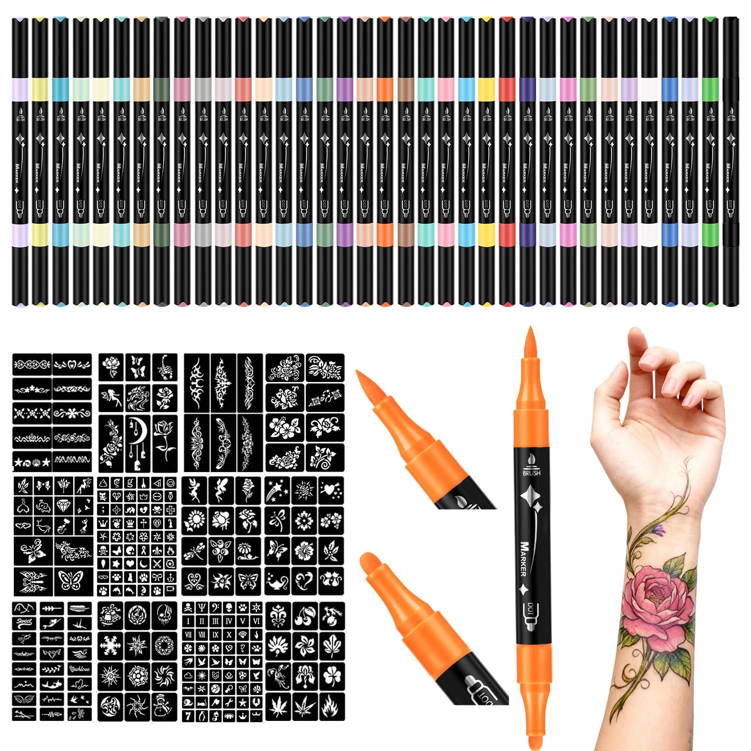 Temporary Tattoos Markers for Skin, 36 Body Markers+612 Large Tattoo Stencils,Temporary Tattoos for Kids and Adults, Dual-End Tattoo Pens, Bright colors, Flexible Brush Tip, Skin Safe, Cosmetic-Grade
