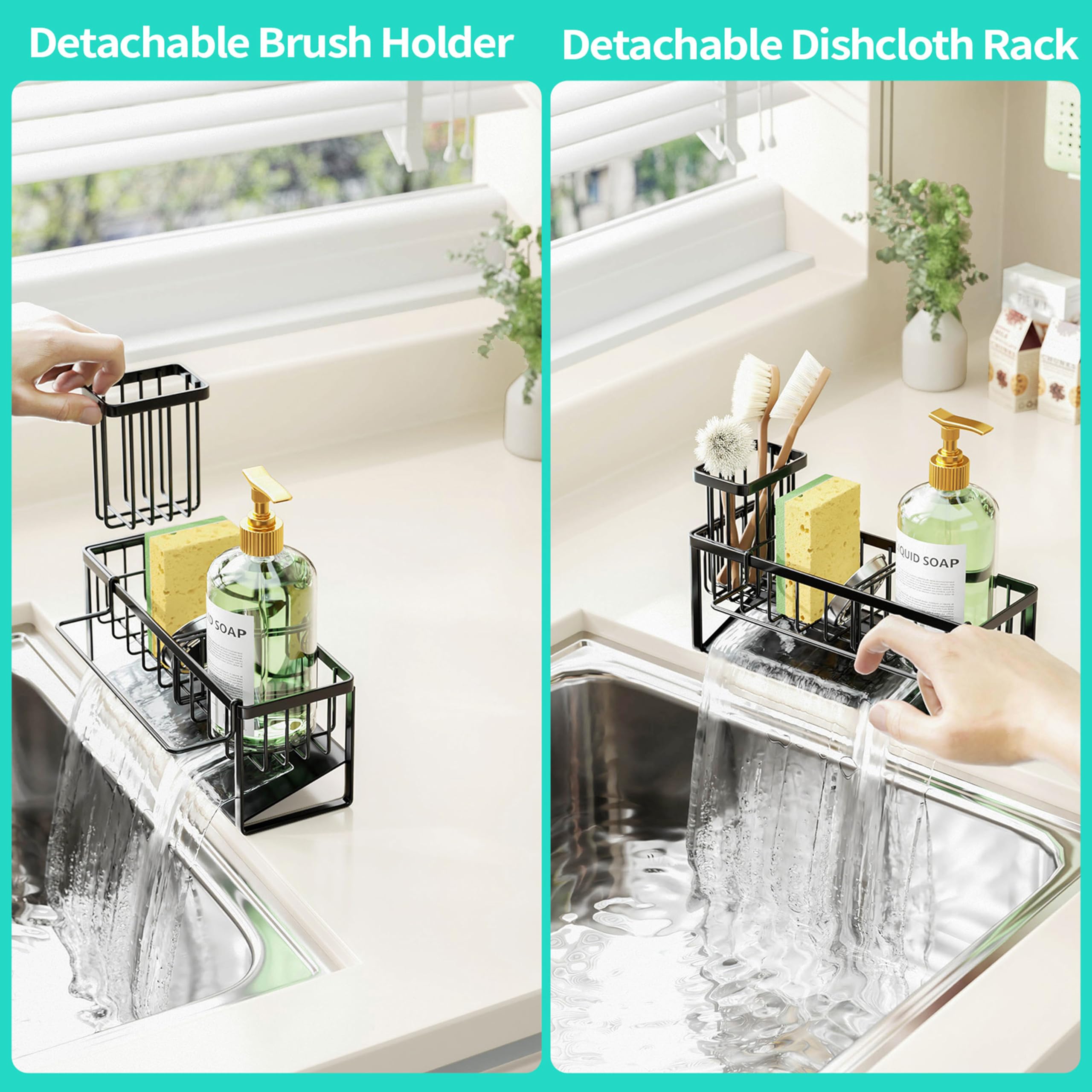 HapiRm Sponge Holder for Kitchen Sink - Self Draining Sink Caddy for Sponge, Black, with Dishcloth Holder - Image 3
