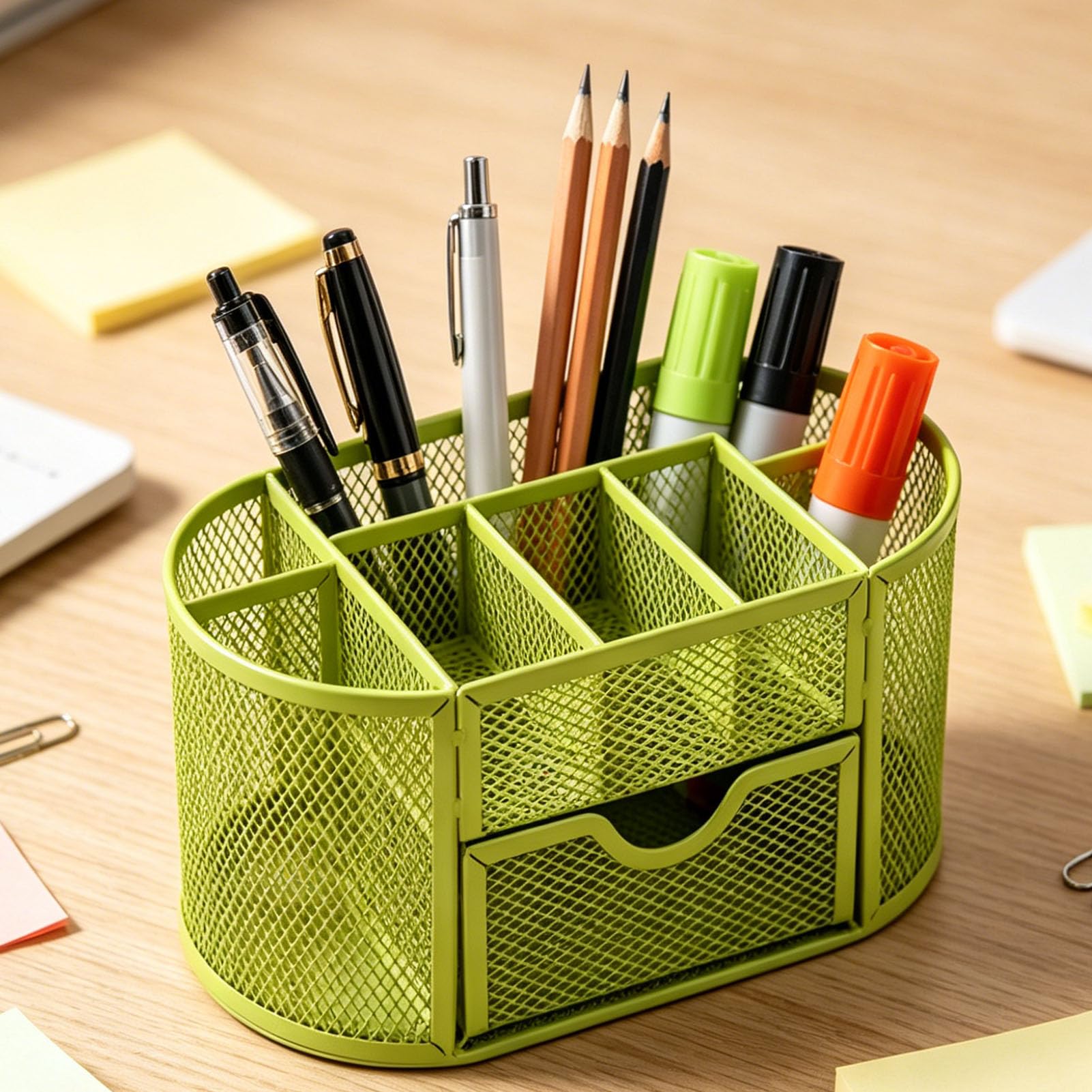 Cocoarm Portapenne Metallico 9 Scomparti con Cassetto, 8,66in (GREEN)