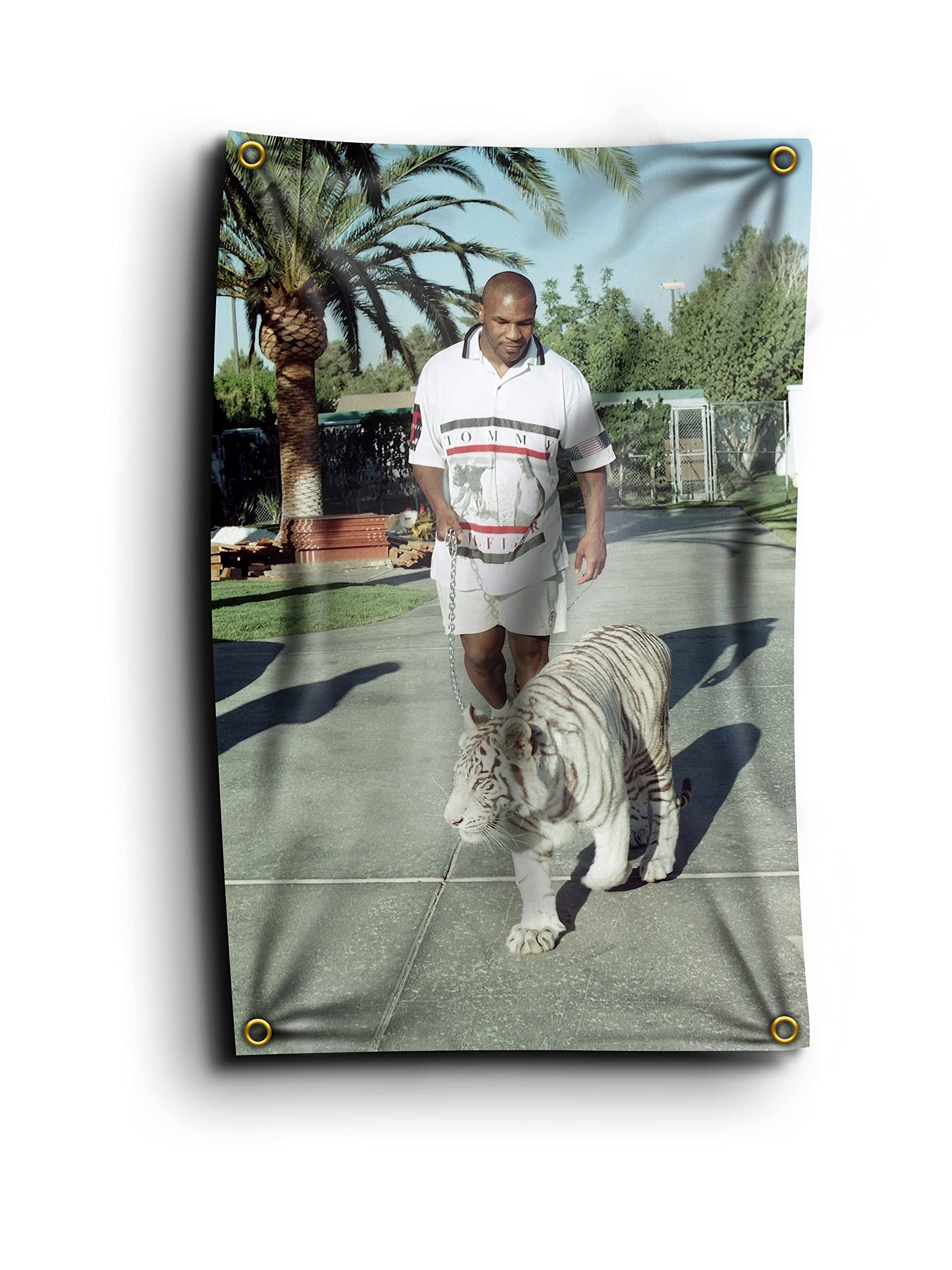 Banger Flags - Mike Tyson Walking His Pet Tiger Funny Retro Classic Boxer Boxing Motivational Inspirational Office Gym Wall College Dorm Room Decor Design on a 3X5 Feet with 4 Grommets for Easy Wall