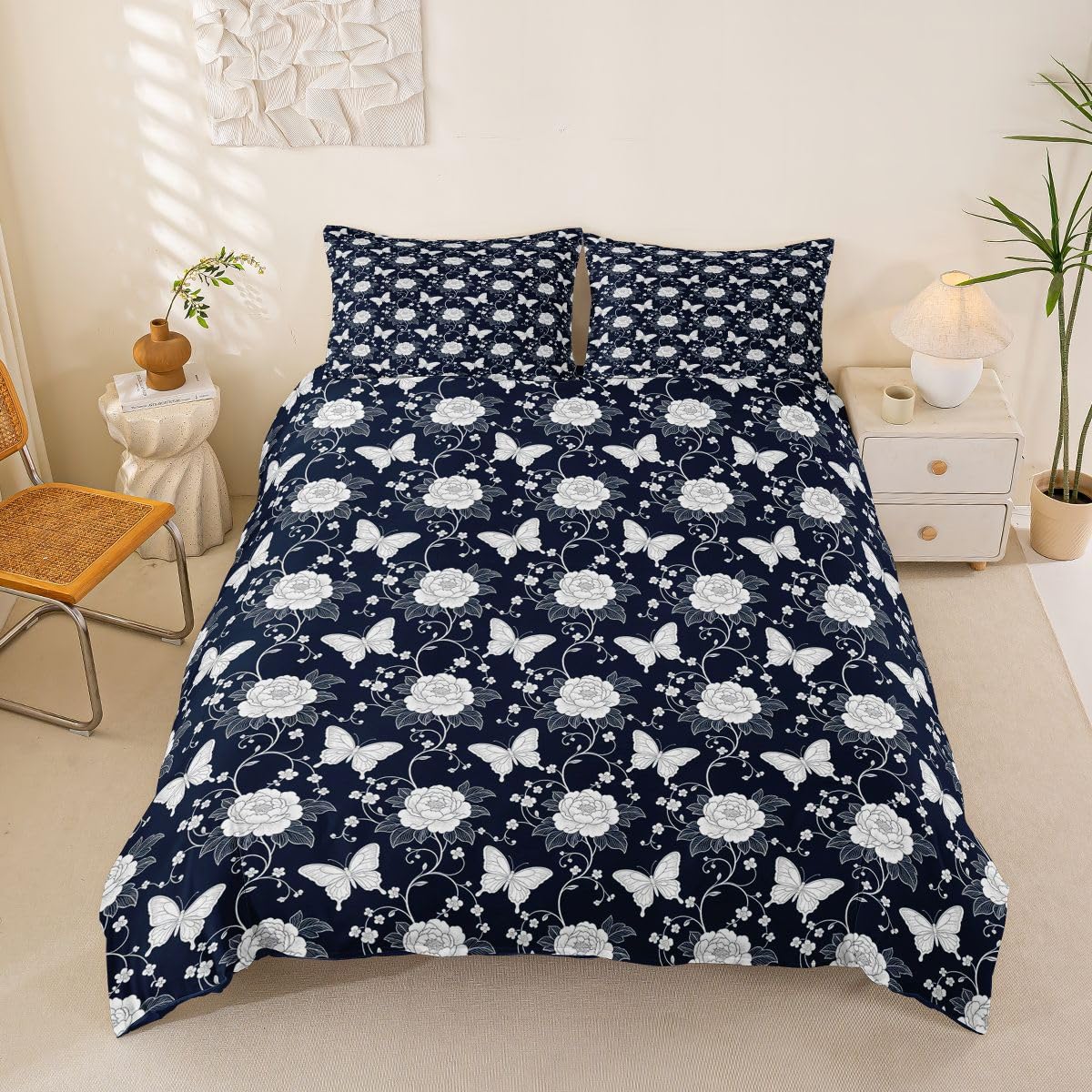 Loussiesd Royal Damask Duvet Cover Set Cot Size for Kids Boys Girls Floral Damask Bedding Set Butterfly Meadow Duvet Cover with 1 Pillowcase Vintage Bohemia Floral Bedding