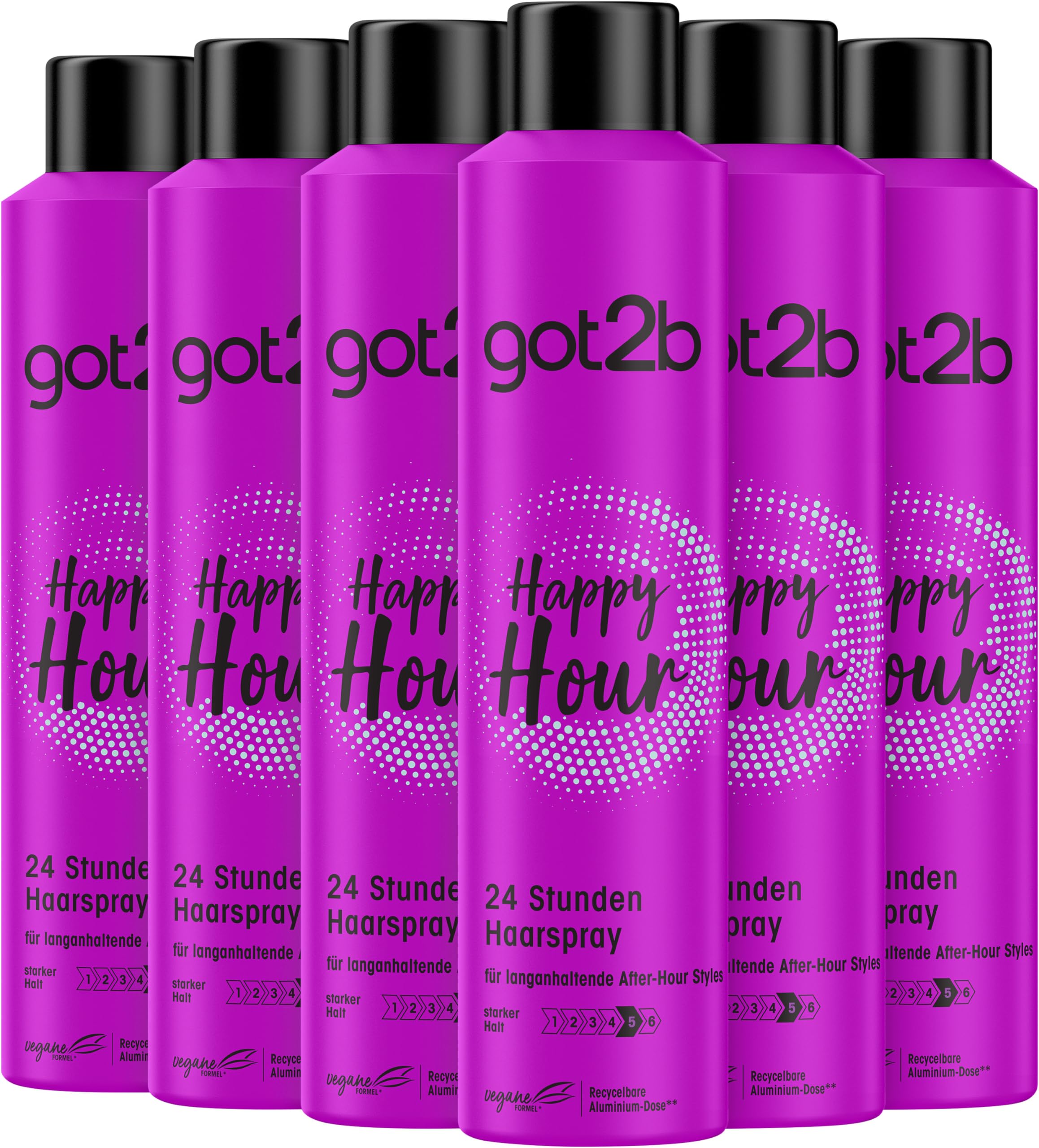 got2b Schwarzkopf Haarspray Happy Hour Halt 5 (6x 300 ml), 24 Stunden Haarspray für extremen Halt und langlebige Styles, schützt das Haar vor dem Austrocknen