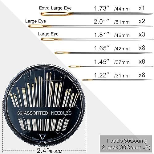 Miniatura 6 de Paquete de 30 agujas de coser de alta calidad para reparación a mano, 6 tamaños surtidos agujas con 2 Threaders, agujas de coser a mano, agujas de