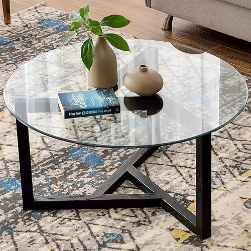 Merax Mesa de centro moderna con almacenamiento para sala de estar, incluye base de madera y metal resistente, redonda con parte superior de