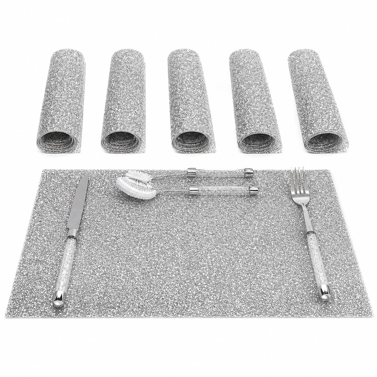 Segoy Silver 4Pc Diamante Table Mat Crushed Diamond Romany Crushed Dining Placemat