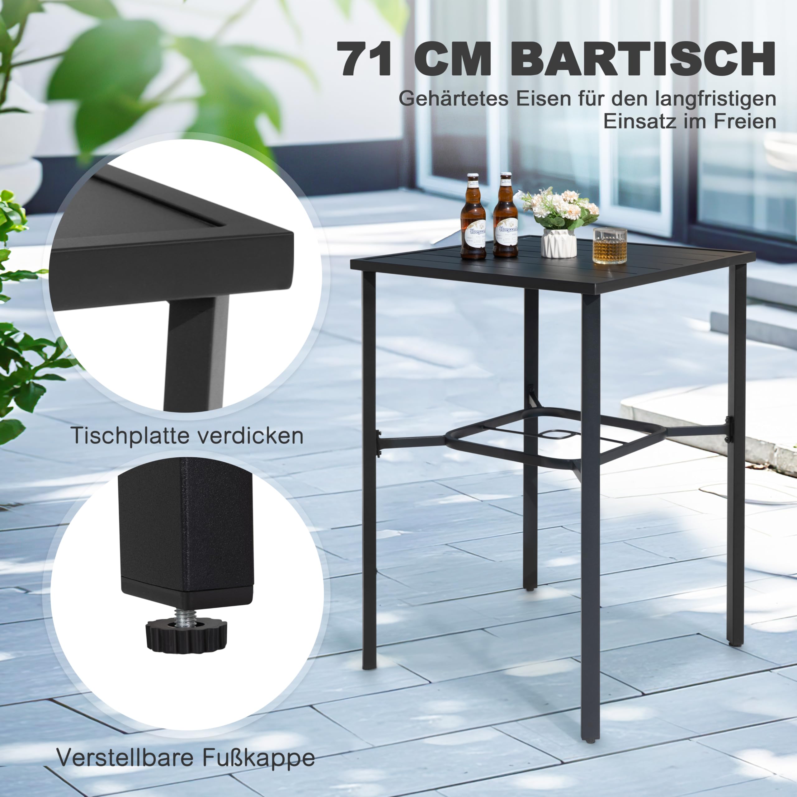 Avestar Outdoor 71 cm Quadratischer Bartisch mit Sonnenschirmloch, Stehtisch, Lattenrost-Tischplatte mit pulverbeschichtetem Metallgestell, für Terrasse, Garten, Hinterhof und Balkon, Schwarz