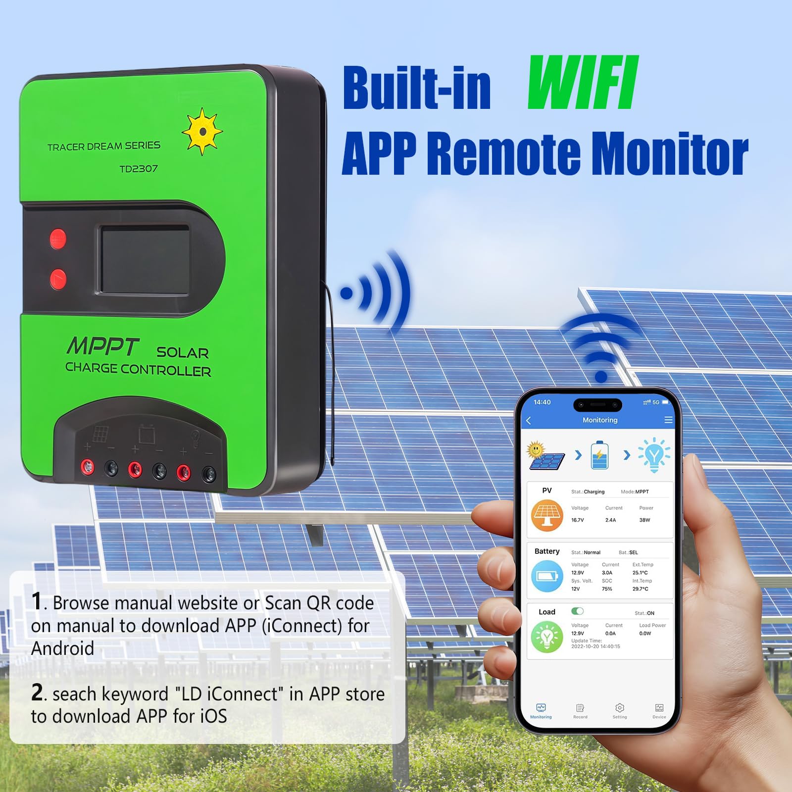 Regolatore di carica solare MPPT 12V/24V (WiFi) con display LCD, supporta controllo APP, regolatore di carica MPPT per batterie AGM/Gel al piombo-acido, Li-Ioni/LFP al litio (30A)