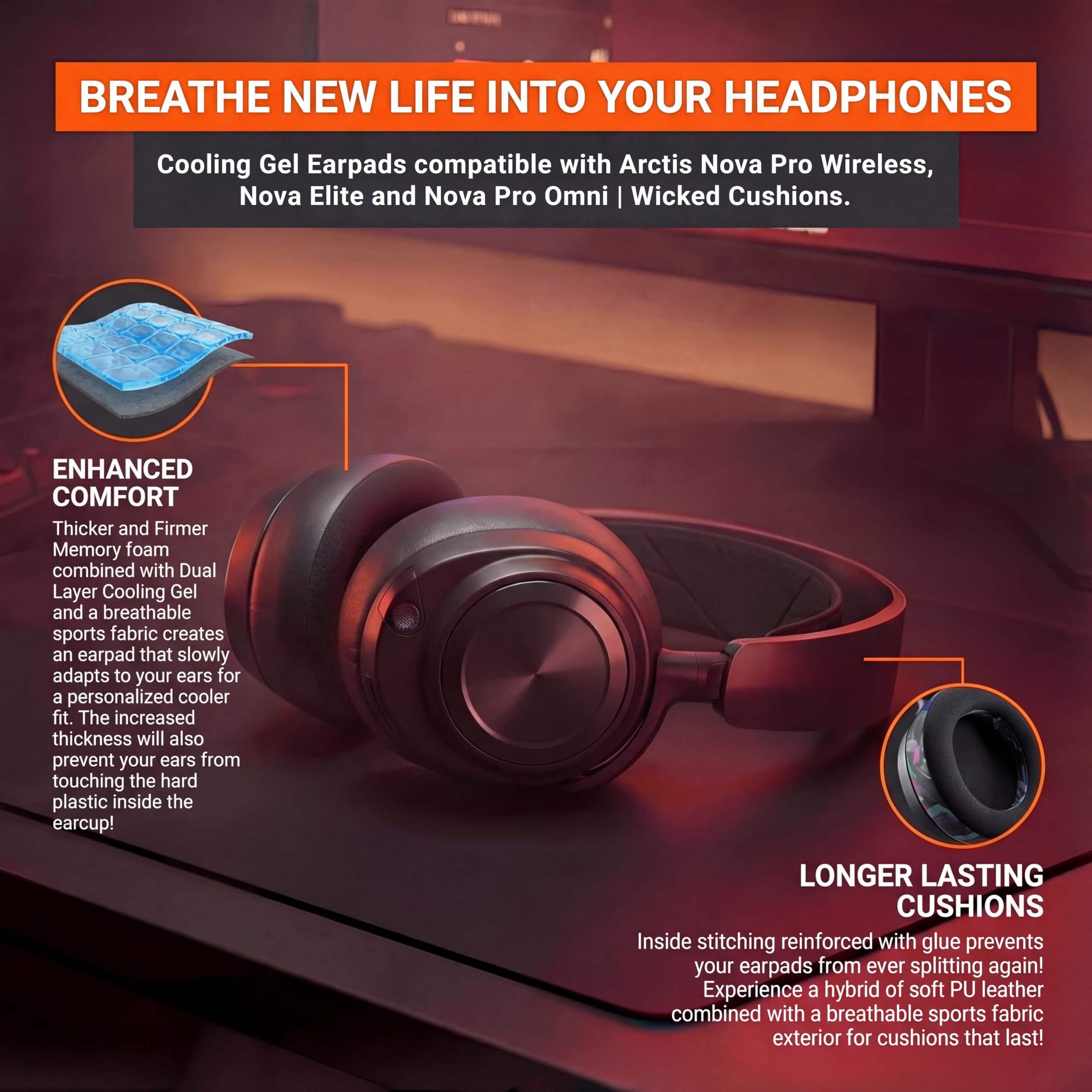 WC Freeze Nova Pro Wireless - Coussinets d'oreille en Gel rafraîchissant pour Arctis Nova Pro Wireless, Elite et Pro Omni (ne Convient Pas aux Autres modèles), par Wicked Cushions | Black
