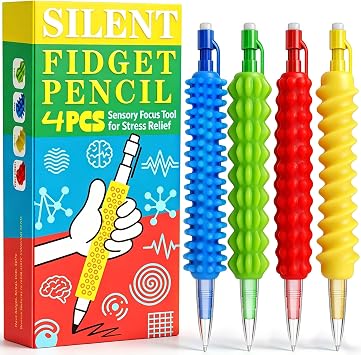 4 Pcs ADHD Awareness Month Silent Fidget Pencil, Textured Silicone Pencil Sleeve with 4 Mechanical Pencils Sensory Focus Tool for Autism Anxiety Quiet Classroom Fine Motor for Adults