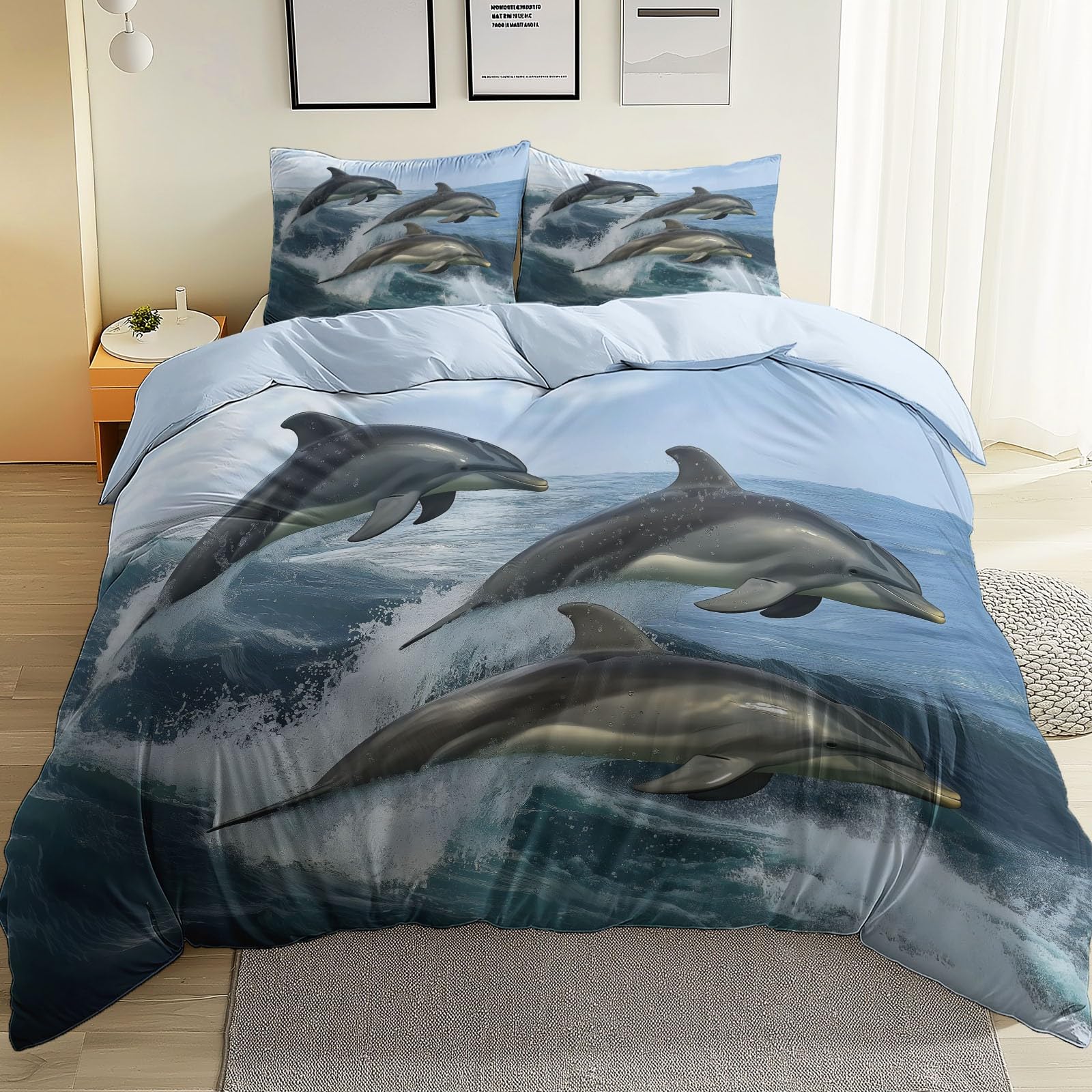 Poszwa na kołdrę ze zwierzęciem Delfin Elegancki nadruk z nadrukiem, jasnoniebieski zestaw pościeli z mikrofibry z 2 poszewkami na poduszki, poszwa na kołdrę 240x260 cm dla dzieci młodzież i dorośli