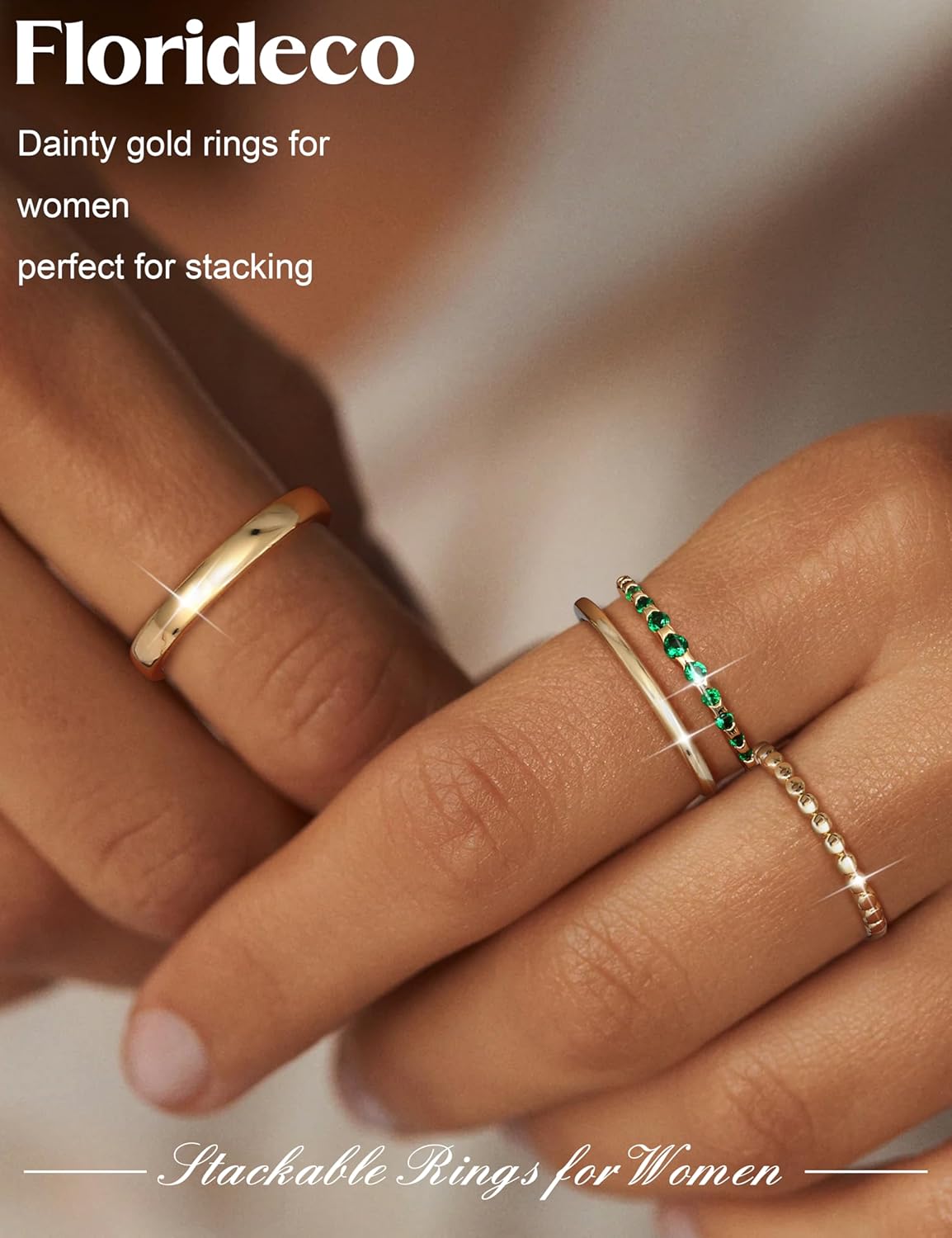 Florideco Gold Stackable Rings for Women, Non Tarnish Half Dainty Cubic Zirconia Rings, 14K Gold Plated Thin Minimalist Wedding Band Rings Set, Trendy Statement Stacking Rings Set A G5 - Image 2