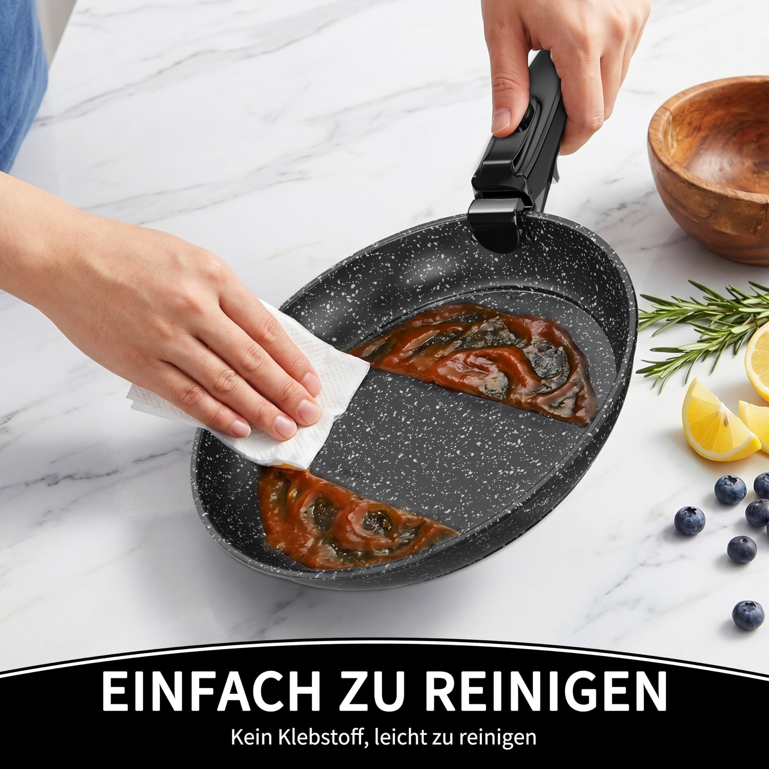 Kiseely Pfannenset mit Abnehmbarer Griff,Bratpfanne mit Antihaft beschichtung,Cool-Touch Handles Suitable for Induction,Electric and Gas Cookers,Platzsparend Pfannen. (Tiefschwarz)