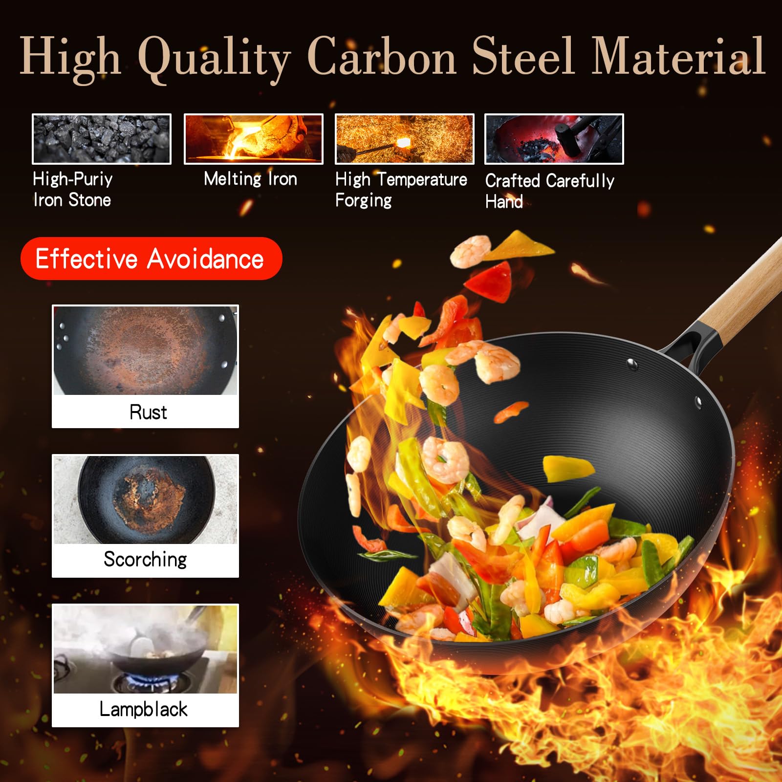 Jobin 30cm Wok Antiaderente con Coperchio, Wok Induzione Senza Rivestimento Chimico e Grande Capacità per Porzioni di cibo per 3-5 Persone, Ideale Padella per Fornelli a Induzione, Elettrici e a Gas