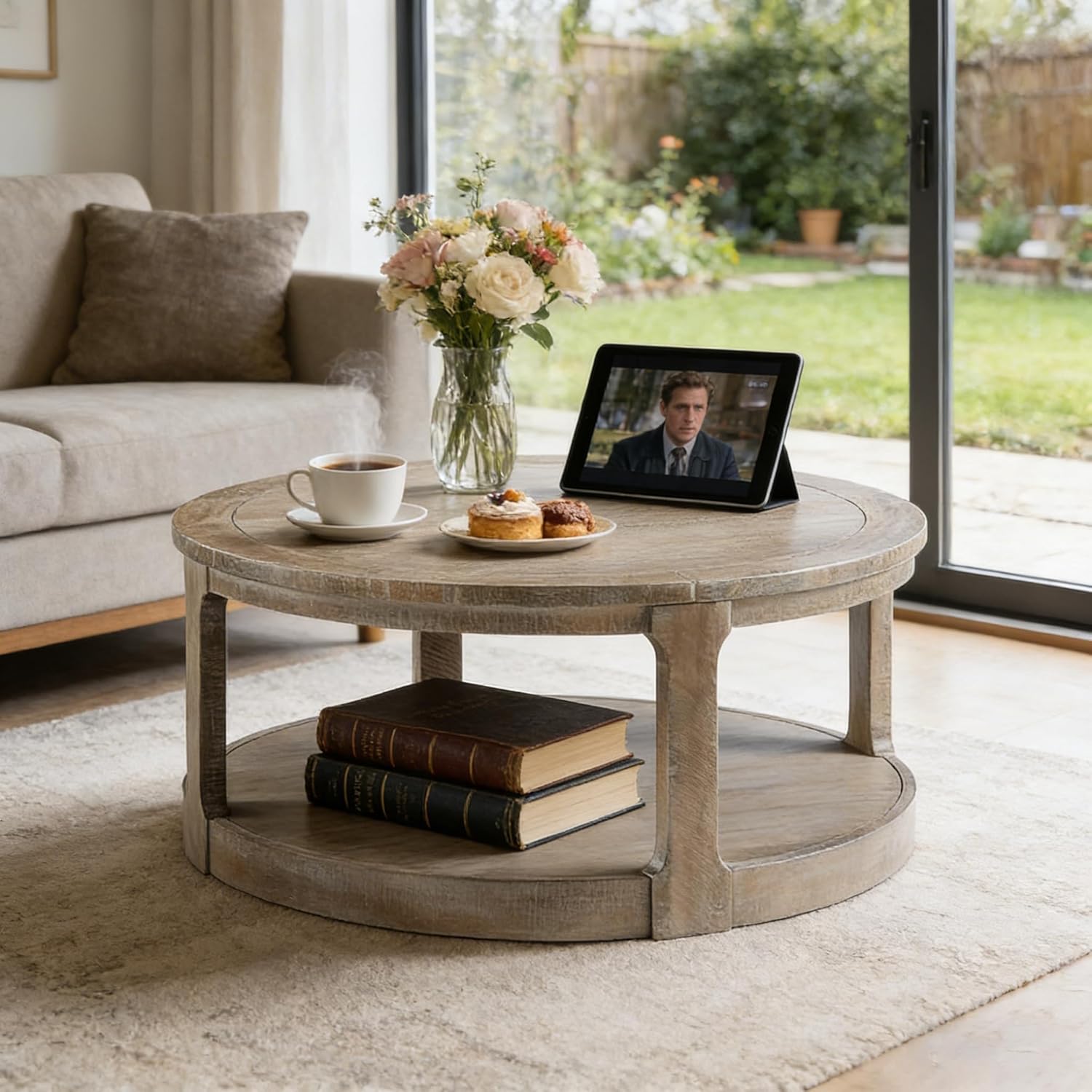 40" 2-Tier Round Coffee Table, Modern Center Table with Roller Wheels,Solid Wood+MDF, Easy Assembly, Accent Table for Living Room, Apartment, Small Space. (Light Brown)