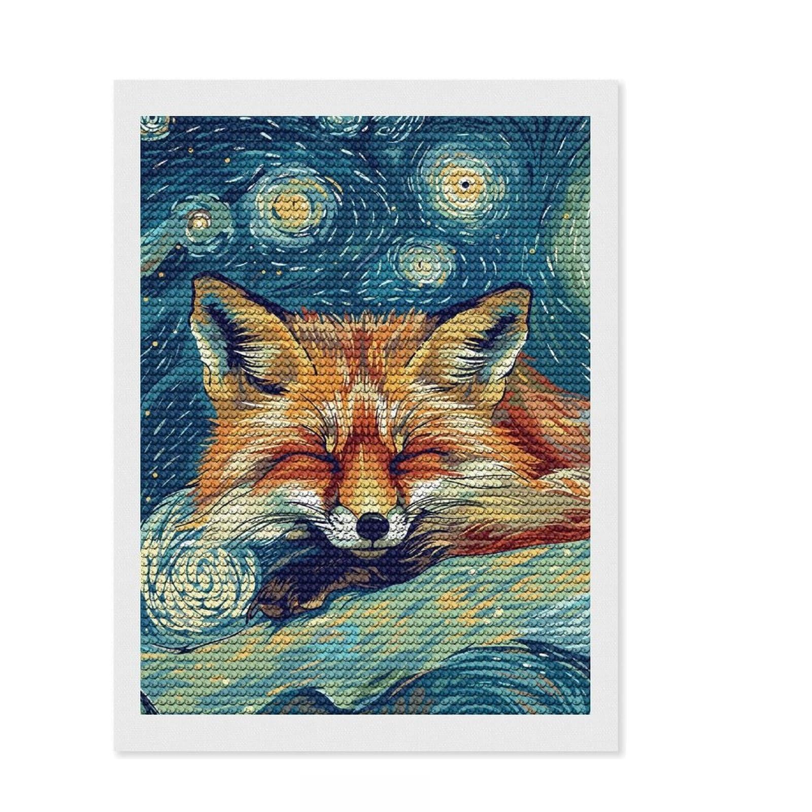 Junmoney Sleeping Fox Starry Night Art Diamond Painting Kit 12"x16", Mindful Craft Activity, Neat Printed Canvas, Modern Decor, Gift Idea, Adhesive Canvas