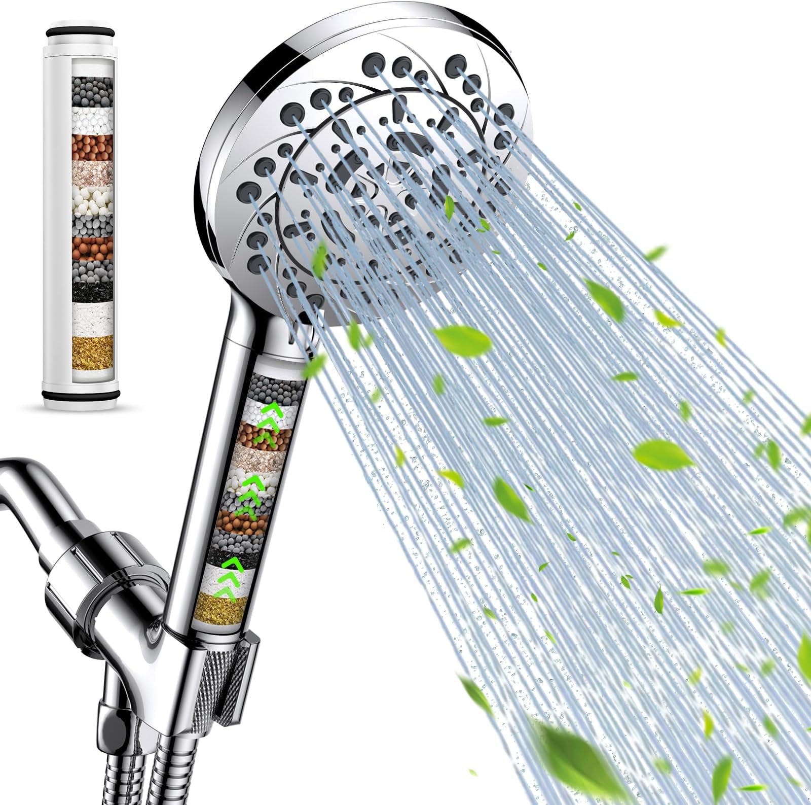 Vatex Filtered Shower Head with Handheld, High Pressure 5 Spray Modes Showerhead with Hose, Bracket and 15 Stages Water Softener Filters Beads for Hard Water Remove Chlorine and Harmful Substance