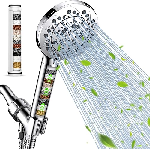 Cabezal de ducha filtrado con mano, alta presión, 5 modos de pulverización, cabezal de ducha con manguera, soporte y 15 etapas de suavizante de