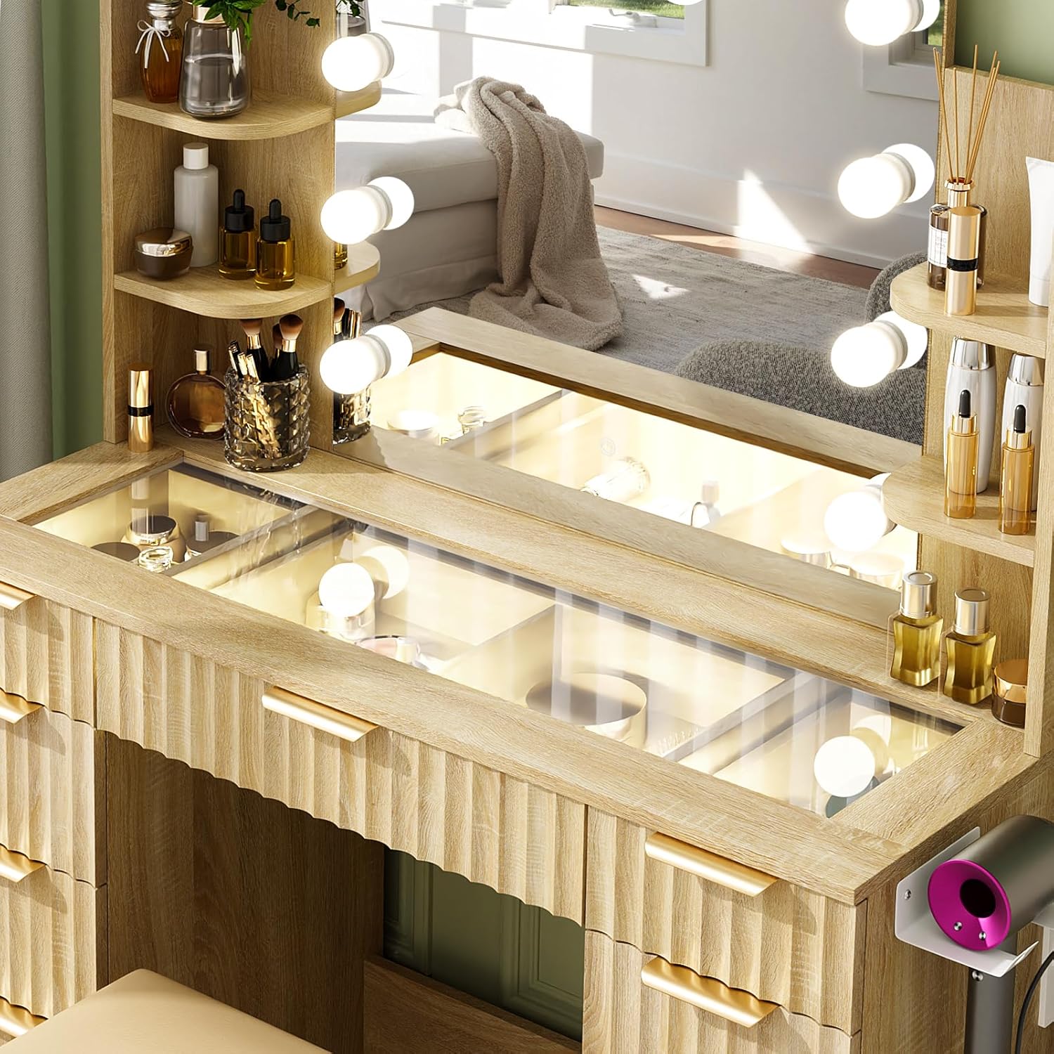 VOWNER Fluted Vanity with Mirror and Lights, 43" Glass Top Makeup Vanity Desk with 9 Drawers, 6 Storage Shelves and Outlet, 3 Color Lighting Modes Adjustable Brightness for Bedroom, Oak