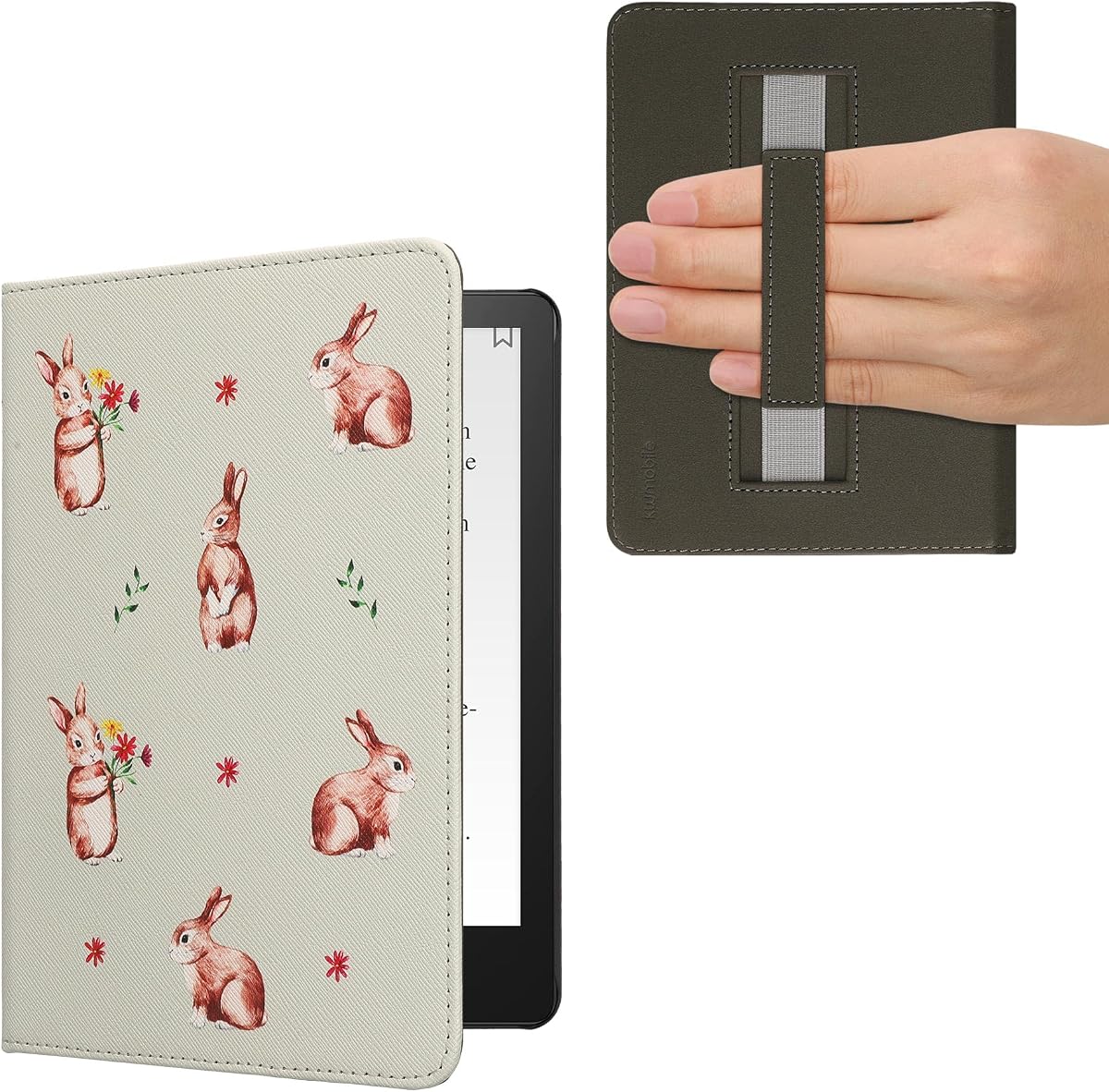 kwmobile Case for Kindle Paperwhite 11 Gen 2021 - PU Cover w/Strap - Rabbits and Flowers White/Brown/Light Pink