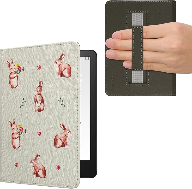 kwmobile Case for Kindle Paperwhite 11 Gen 2021 - PU Cover w/Strap - Rabbits and Flowers White/Brown/Light Pink