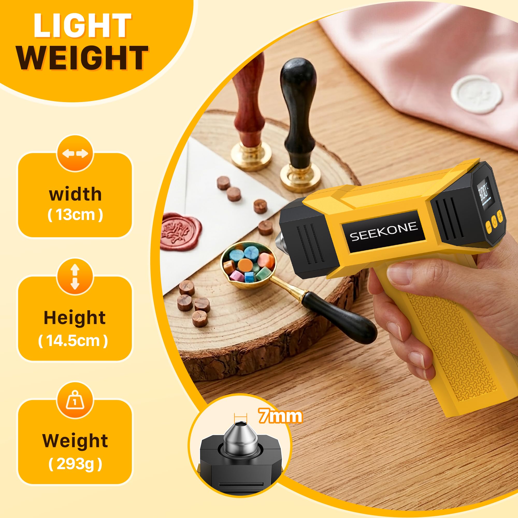 SEEKONE 7,2V Kabellose Mini Heißluftfön, Mini Heißluftpistole mit variabler Temperaturregelung (100℃–500℃), 5000mAh, USB-Ladefunktion, LCD-Display, Speicherfunktion, Reflektordüse für Bastelarbeiten