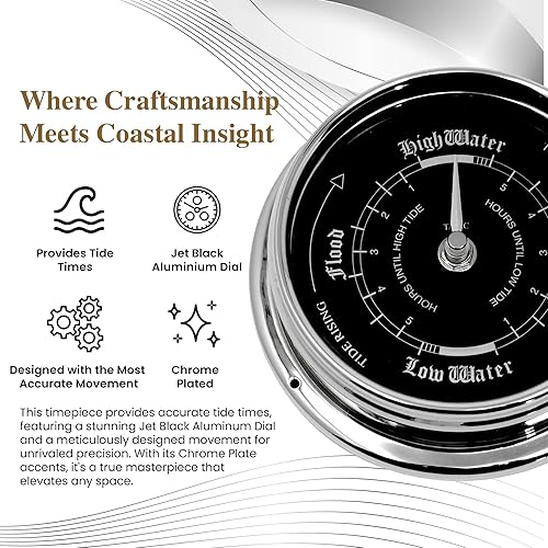 Miniatura 4 de Prestige Tide Reloj en cromo con esfera negra azabache, reloj de pared tradicional de marea marina, reloj náutico con temática oceánica para