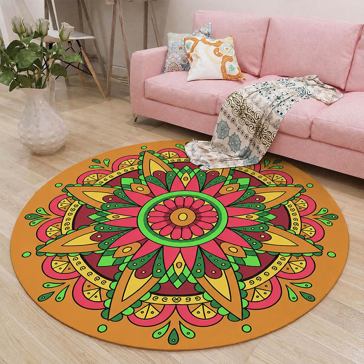 Tapis rond poils ras antidérapant 160x160 lavable pour salle à manger