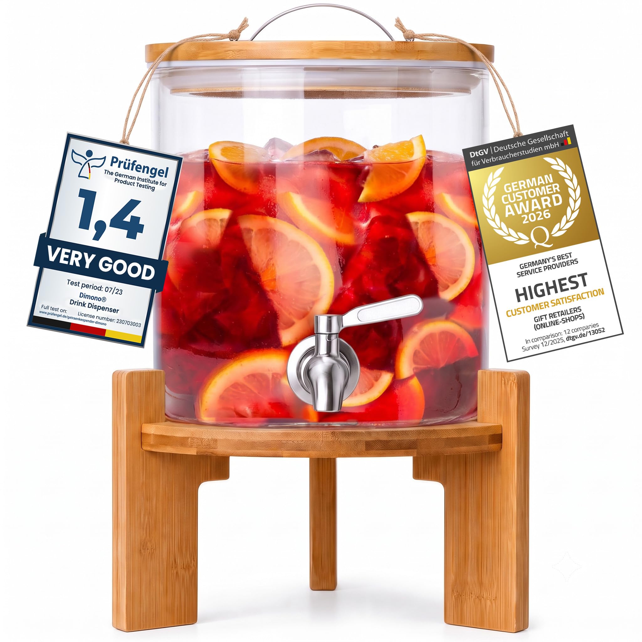 Dispensador de bebidas con grifo antigoteo de acero inoxidable Dispensador de agua de vidrio con soporte y tapa de bambú Dispensador de limonada de vidrio borosilicato resistente al calor (5 litros)