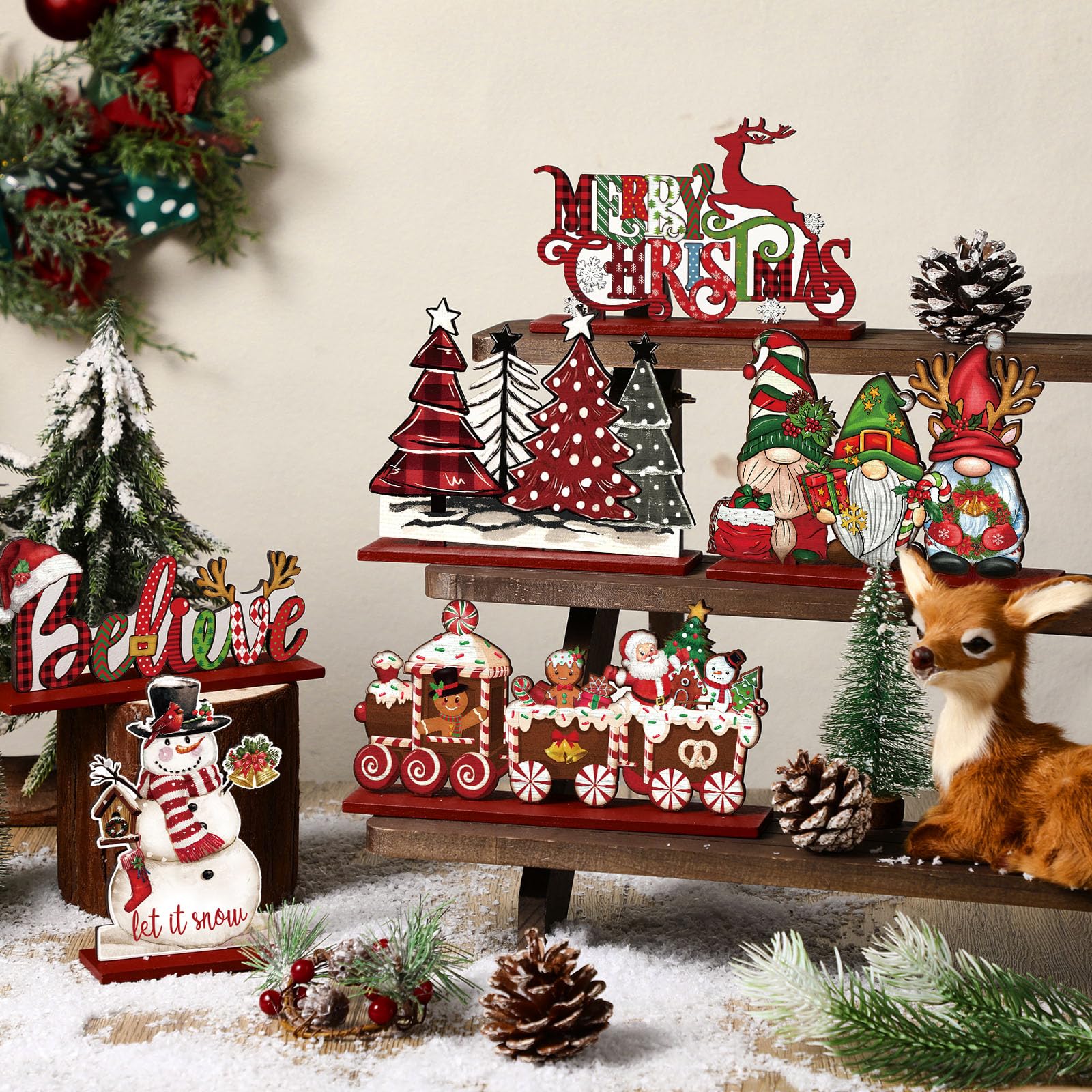 Realspring 6 Pcs Christmas Table Decorations Wood Centerpieces Decor Merry Christmas Gingerbread Gnome Xmas Tree Tabletop Standing Signs(Classic Style)