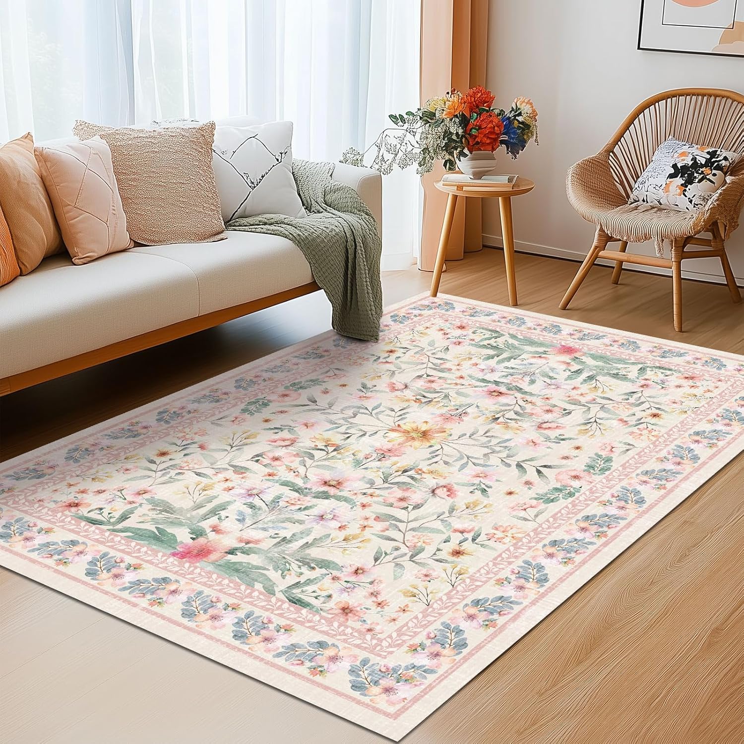 Washable Boho Area Rug 3'×5' Pink Green Beige Large Living Room Rug Floral Non-Slip Color Soft Oriental Vintage Bedroom Carpet Dining Room Nursery Home Office Indoor Decor