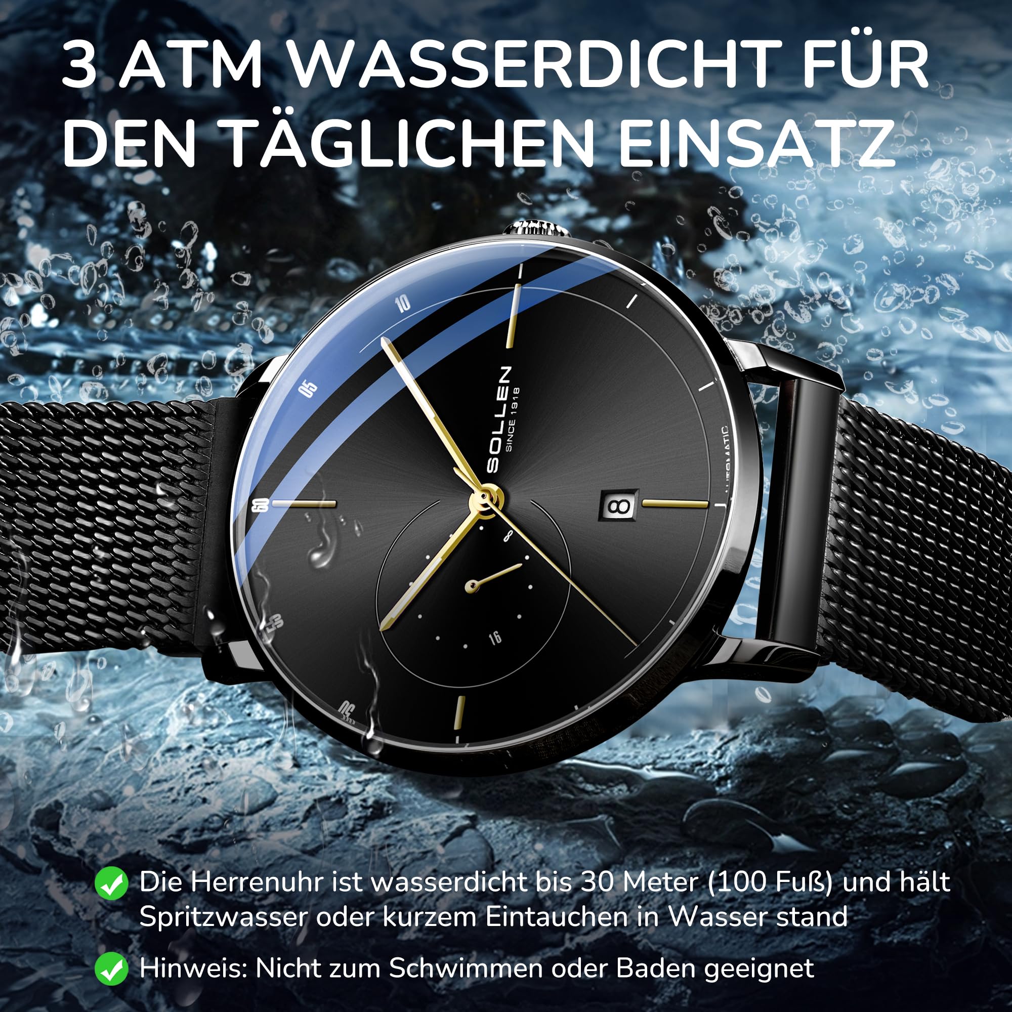 SOLLEN Minimalistische Automatikuhren Herren,Automatische Herrenuhren,Originales Mechanisches Uhrwerk,Wasserdicht Leuchtend Selbstaufzug Herrenuhr mit Kalendar,Business Armbanduhr für Männer