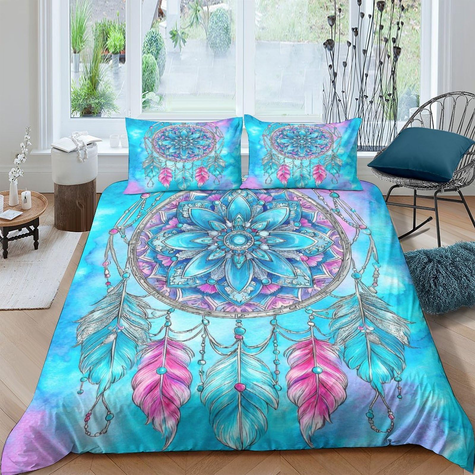 Ctjqhvkz Style-2 3D Printed Dreamcatcher Fitted Sheet Microfiber Soft Blue Pink Feather Mandala Bed Cover For Bedroom Dorm Mattress Protection Single（135X200cm）