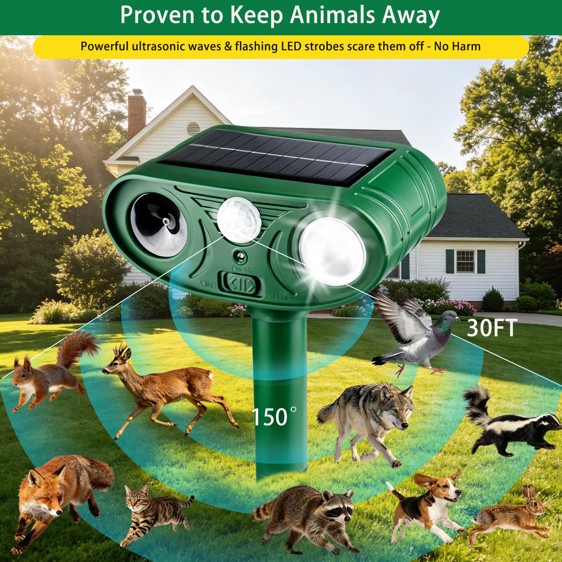 2026 Nouveau répulsif intelligent à ultrasons à ultrasons - Détecteur de mouvement + lumières stroboscopiques clignotantes - Répulsif extérieur étanche pour cerfs, chats, lapins, écureuils, chiens