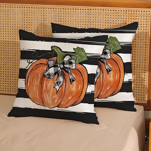 Miniatura 2 de Juego de 2 fundas de almohada de otoño de 20 x 20 pulgadas, diseño de calabaza con rayas negras en acuarela para sofá, cosecha de otoño, interiores