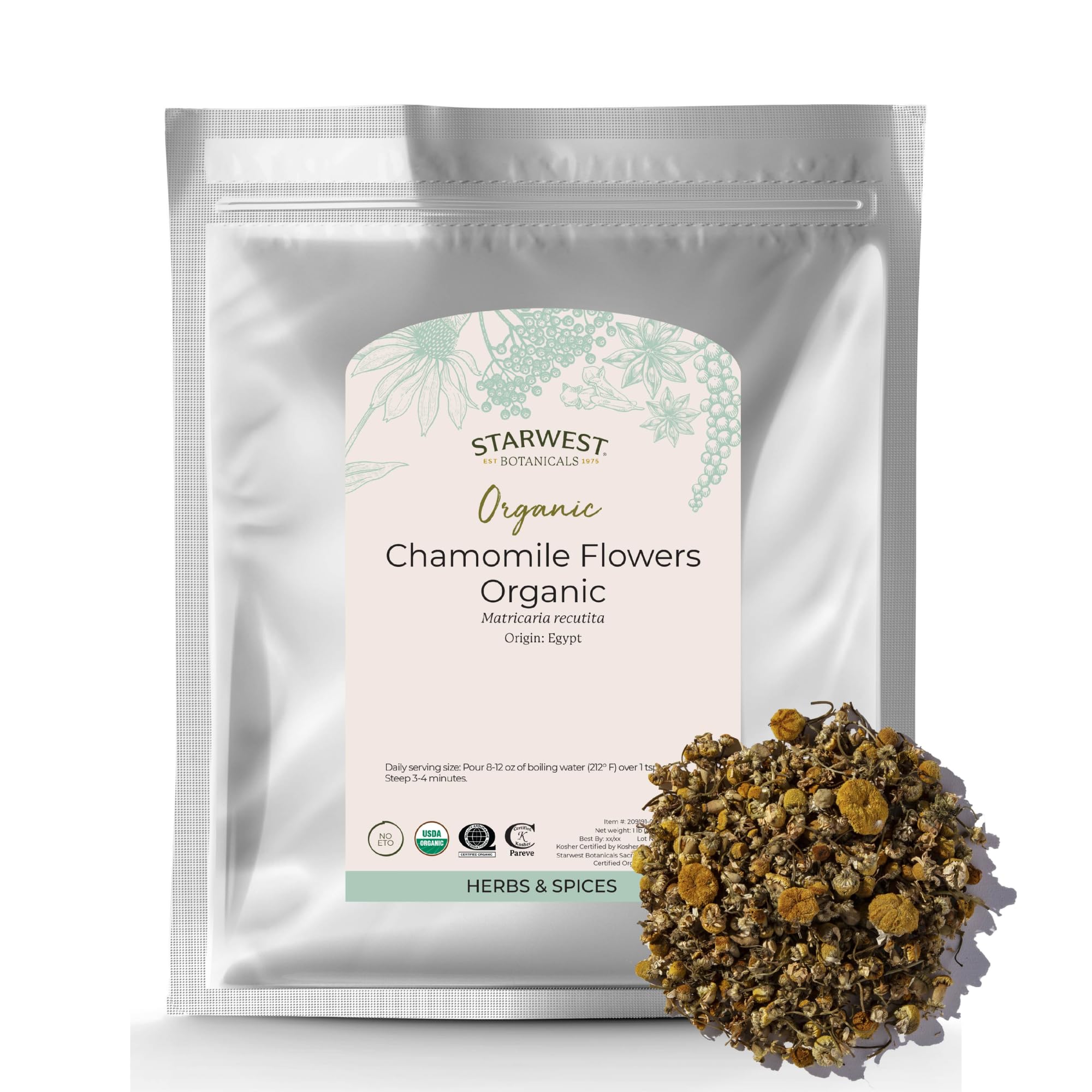 Starwest Botanicals Organic Chamomile Flowers Whole - Dried Loose Leaf Herb for Tea, Herbal Lotions, & Baking, Sourced from Egypt, Certified Kosher, Non-GMO - Bulk 1 lb Bag