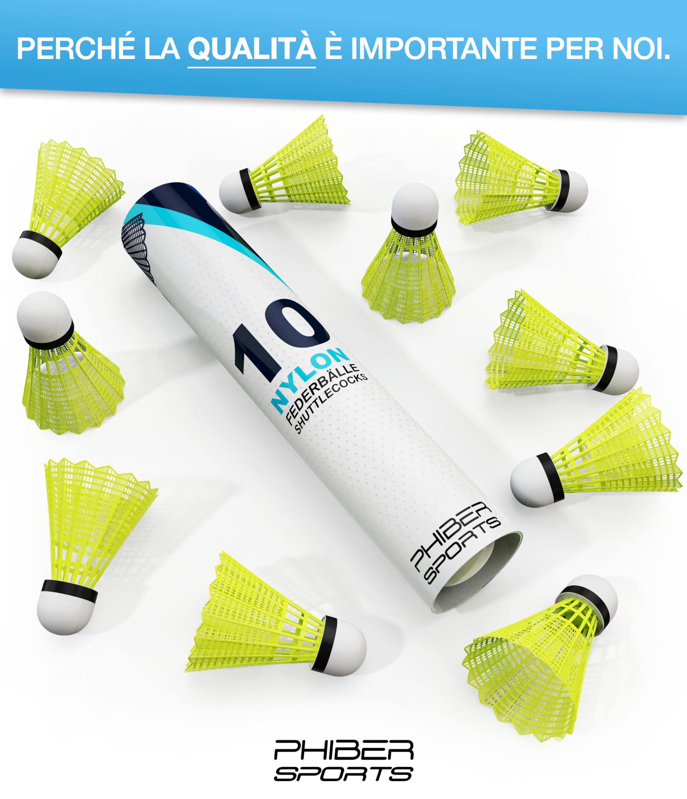 PHIBER-Sports Volani da Badminton - Caratteristiche di Gioco perfette - Ideale per Principianti, Famiglie e Professionisti - velocità dei volani da Badminton - Giallo [10 Pezzi]