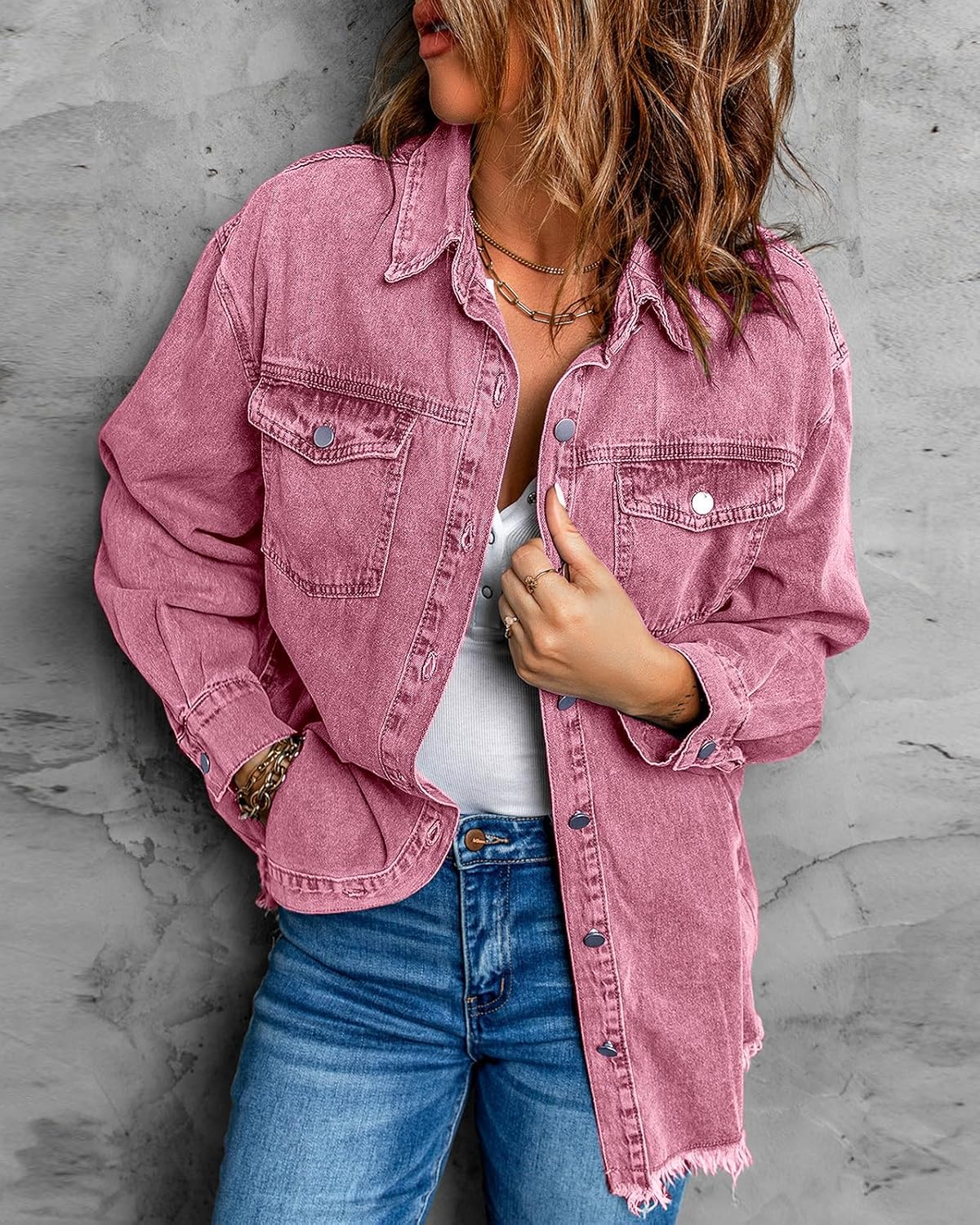 Vetinee Women’s Oversized Button Up Frayed Hem Shacket Long Sleeve Pockets Denim Jean Jacket - Image 7
