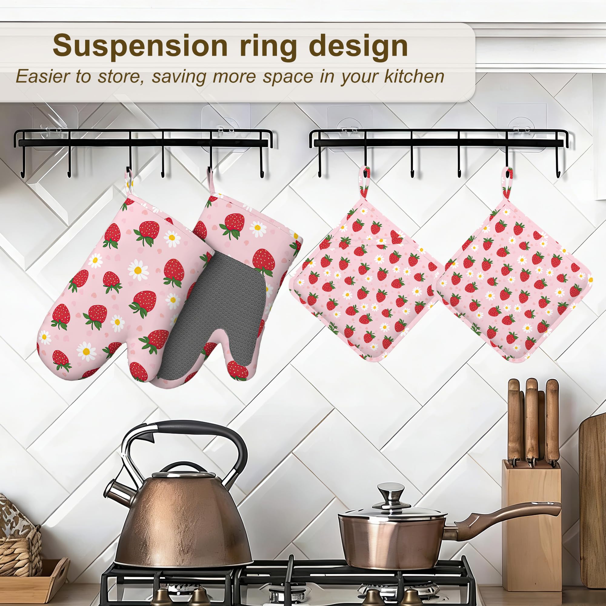 Juego de 4 manoplas de horno y soportes para ollas, diseño floral de fresa, guantes de cocina resistentes al calor con silicona antideslizante para hornear, cocinar, barbacoa