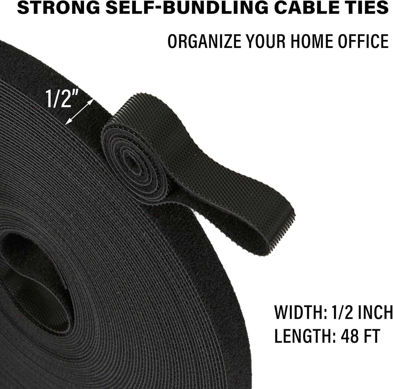 48 ft x 1/2 inch Hook and Loop Roll, Reusable Fastening Cable Ties, Multi-Purpose Cable Management Wire Ties Cable Straps for Organizing Home, Office and Data Centers