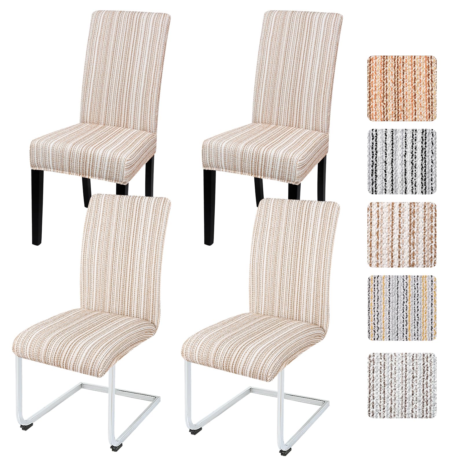 Alishomtll Dining Chair Covers Set of 4, Stretch Chair Slipcovers for Dining Chairs, Streaks Elastic Removable Washable Dining Room Chair Protector for Kitchen Hotel Party Banquet (Khaki, 4 pcs)